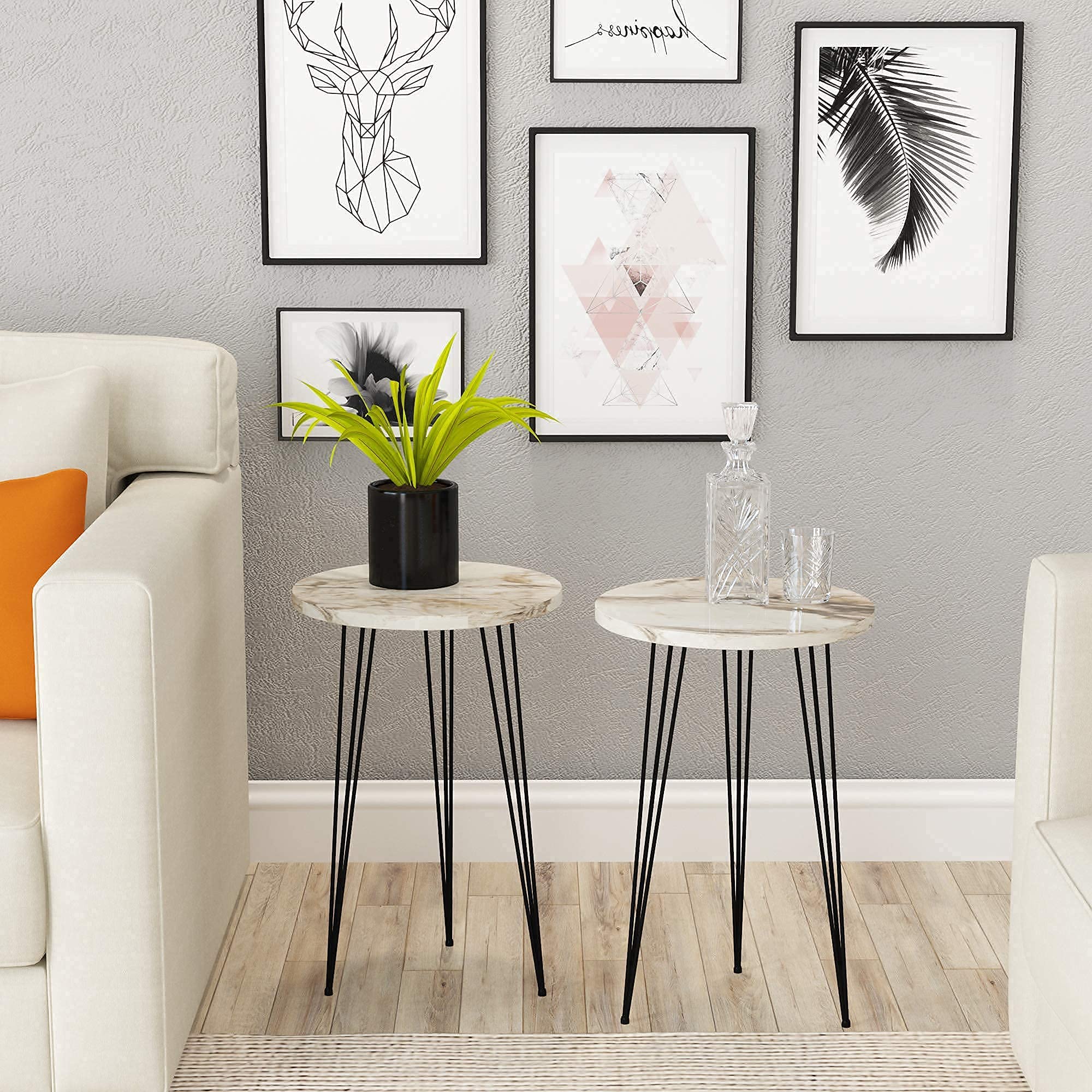 PAK HOME - Set of 2 White Marble Look Round Wood End Tables - Modern Side Coffee Tables for Small Spaces, Nightstand Bedside Table - Perfect for Living Room, Bedroom & Studio Apartments