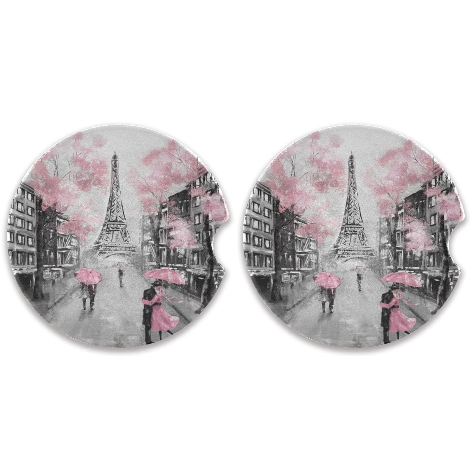 2 Pack Eiffel Tower Paris France Car Coasters - Absorbent Ceramic Cup Holder Coasters for Drinks, Car Accessories for Men & Women (2.56in) - Perfect for Road Trips & Daily Commutes