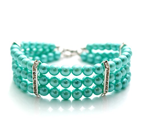 Elegant 3-Row Pearl & Diamond Dog Necklace Collar with Rhinestones - Luxury Pet Jewelry for Small Dogs, Cats, Teacup Chihuahua, Yorkie - Perfect for Parties, Weddings & Special Occasions (Blue, 8-10 Inch)