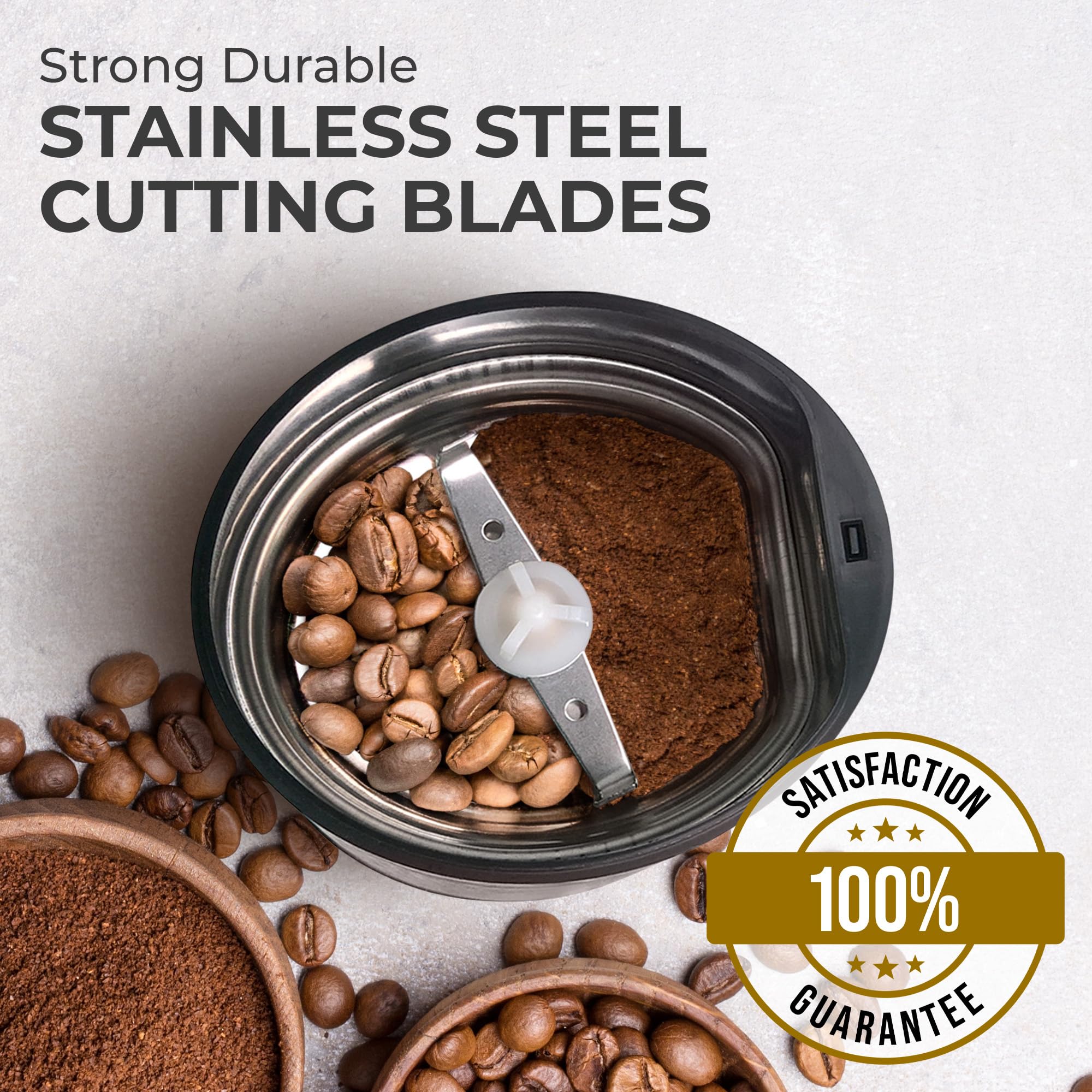 Premium Electric Coffee Grinder - One-Touch Operation with Cleaning Brush - 3 oz Stainless Steel Blade - Grinds Up to 12 Cups - Perfect for Home, Office & Travel - Easy On/Off Coffee Bean Grinder - Copper Finish - Ideal for Espresso, French Press & Drip Coffee Makers