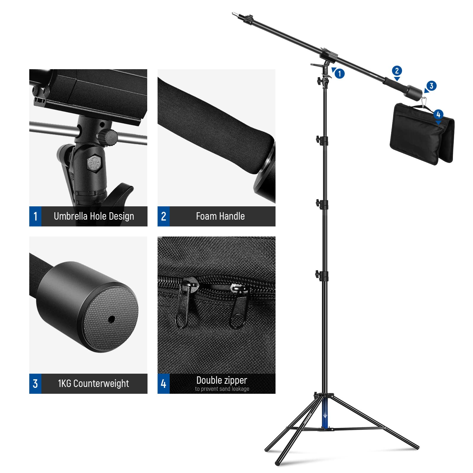 NEEWER 9.8ft Air Cushioned Aluminum Light Stand with Boom Arm - Heavy Duty Adjustable Photography Stand (3m Height, 5kg Max Load) for Studio Flash, Softbox, Ring Light, Umbrella - Includes Counterweight & Sandbag - Perfect for Portrait, Product, and YouTube Video Lighting