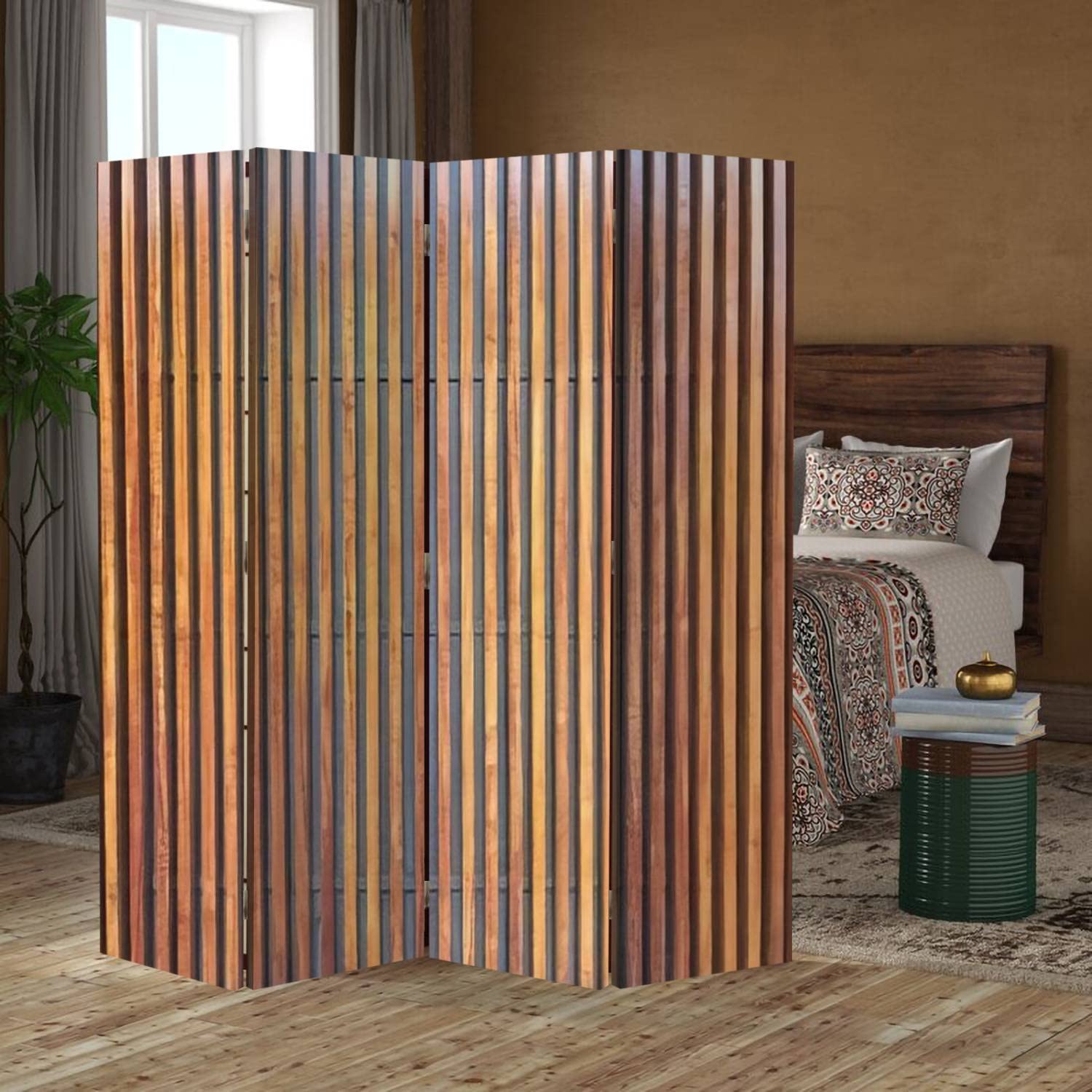 Brown Teak Wood Texture Room Divider - Modern Abstract Folding Screen Privacy Partition with 4 Panels, Dual-Sided Wall Divider & Display Shelves for Home Office, Living Room, and Bedroom Privacy