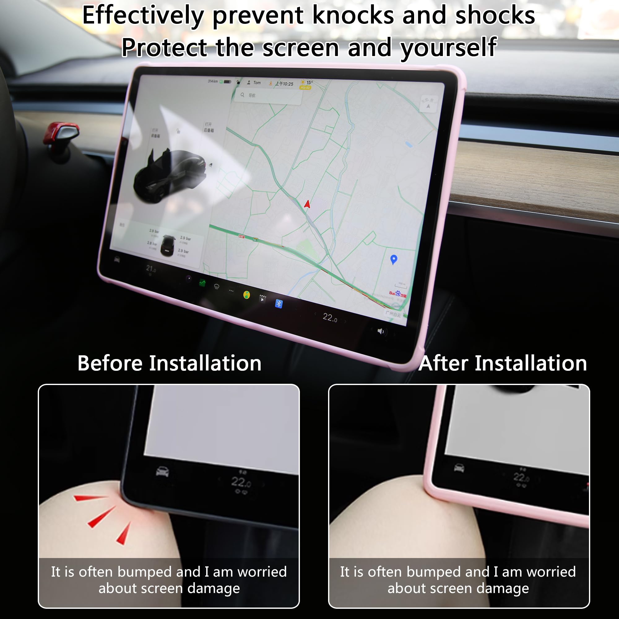 3PCS Tesla Model Y (2021-2024) & Model 3 (2021-2023) Center Console Organizer Set - Cup Holder Insert, Touchscreen Edge Protector, Anti-Slip Silicone Charging Mat in Pink | Interior Car Accessories for Organization & Phone Charging