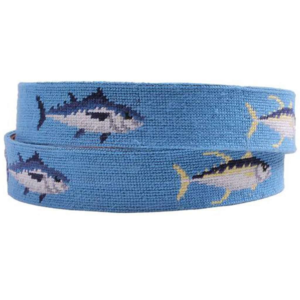 Smathers & Branson Cornflower Blue Tuna Needlepoint Belt - Perfect for Nautical Outfits & Summer Casual Wear
