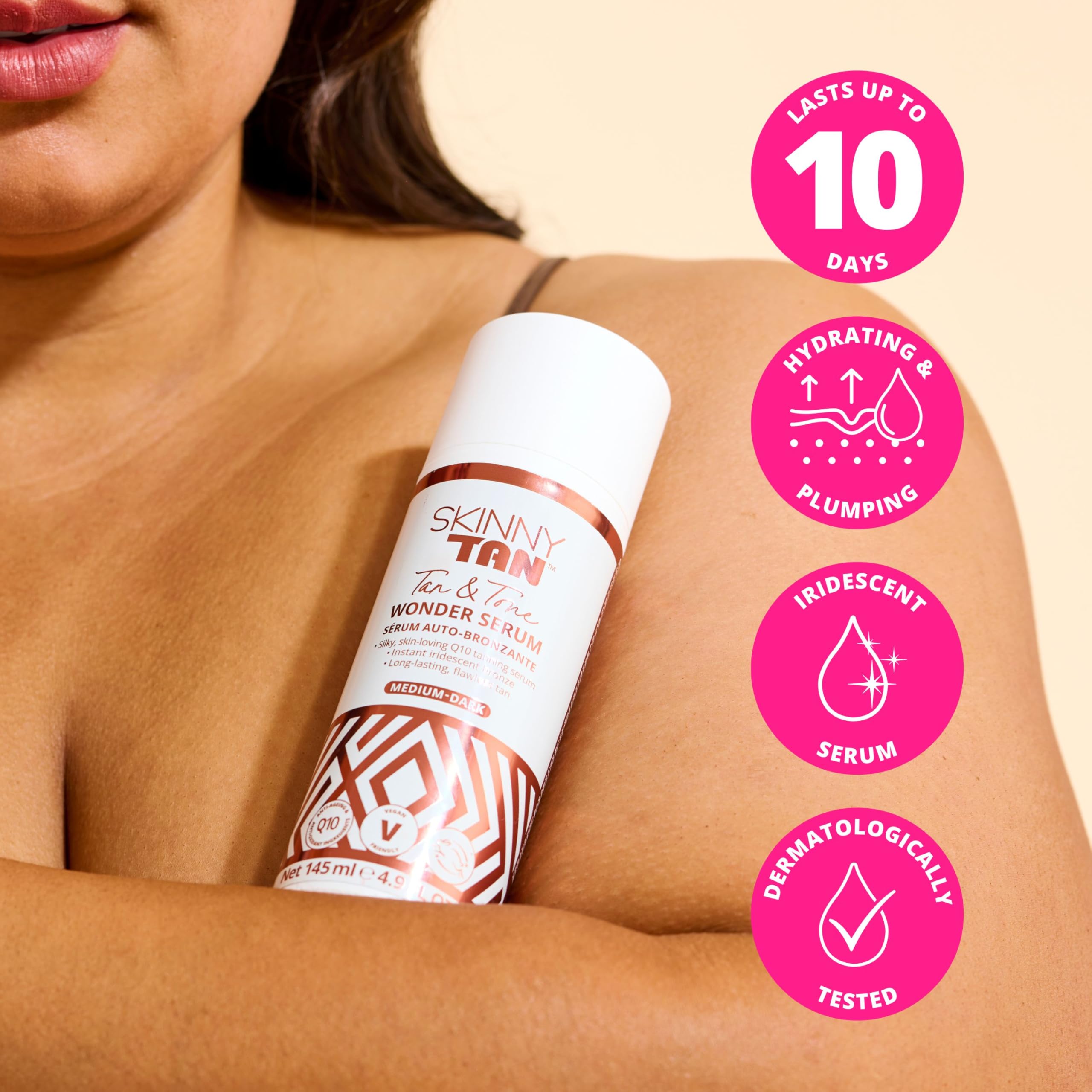 Skinny Tan Wonder Serum Fake Tan - Streak Free Self Tanner with Q10, Vitamin E & Aloe Vera for Hydrated Skin | Vegan & Cruelty Free | Medium Shade 145ml | Perfect for Pre-Party Glow & Everyday Radiance