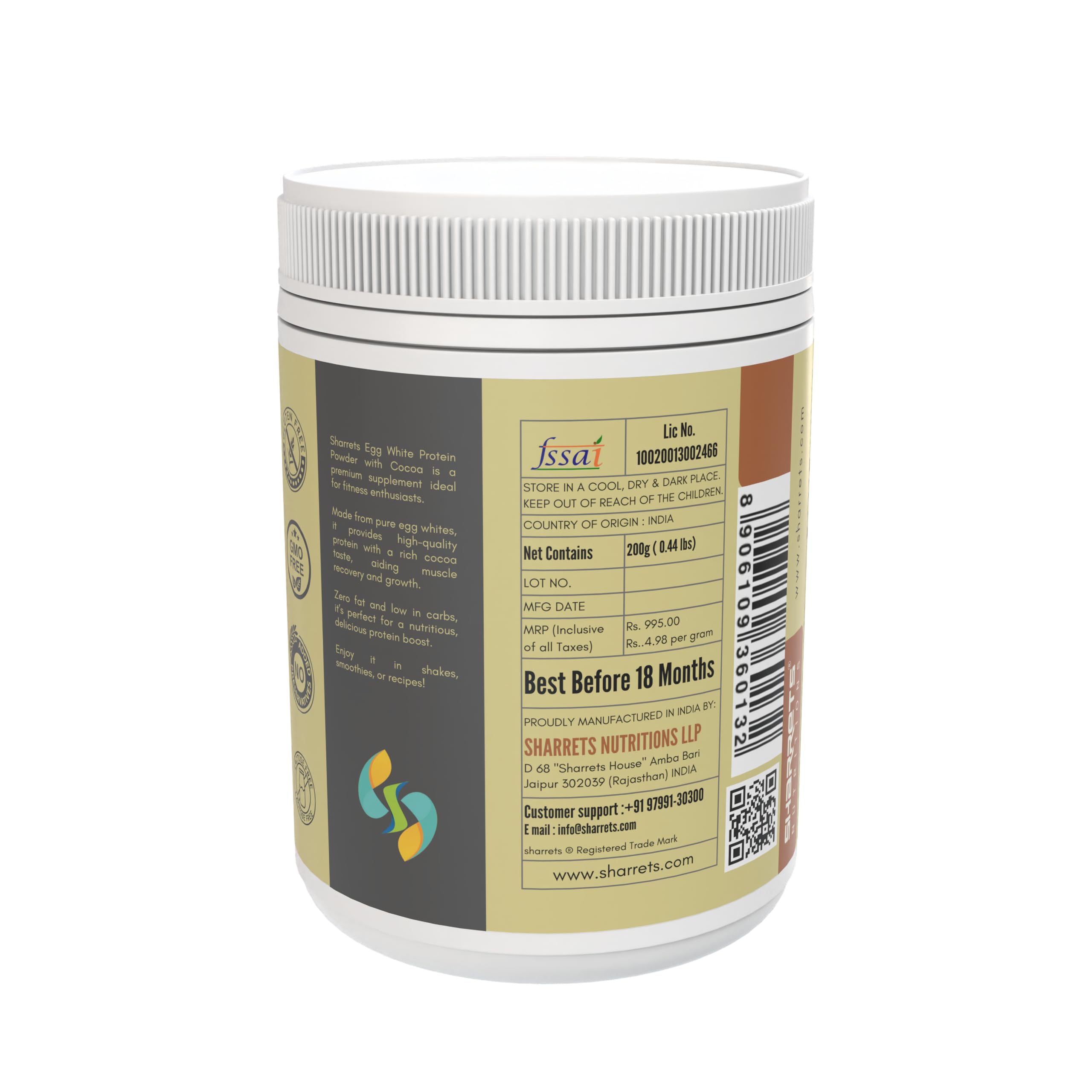 Sharrets Egg White Albumen Protein Powder with Cocoa - 200g | Pure Whey-Free Protein Supplement for Muscle Building & Recovery | Perfect for Post-Workout Shakes, Baking & Healthy Smoothies