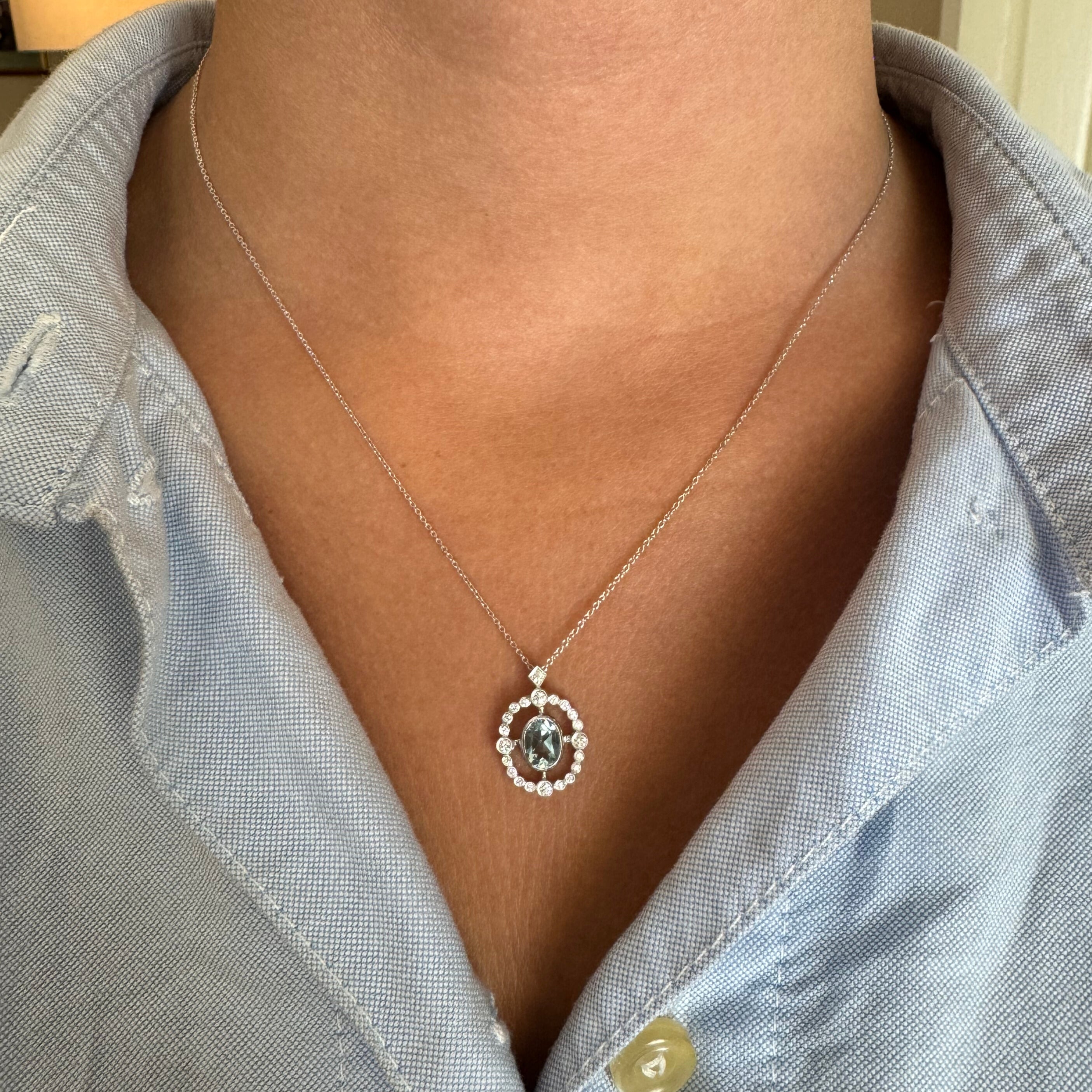 14K White Gold Oval Aquamarine & Diamond Pendant Necklace - Elegant Jewelry Gift for Women, Perfect for Weddings, Anniversaries & Special Occasions