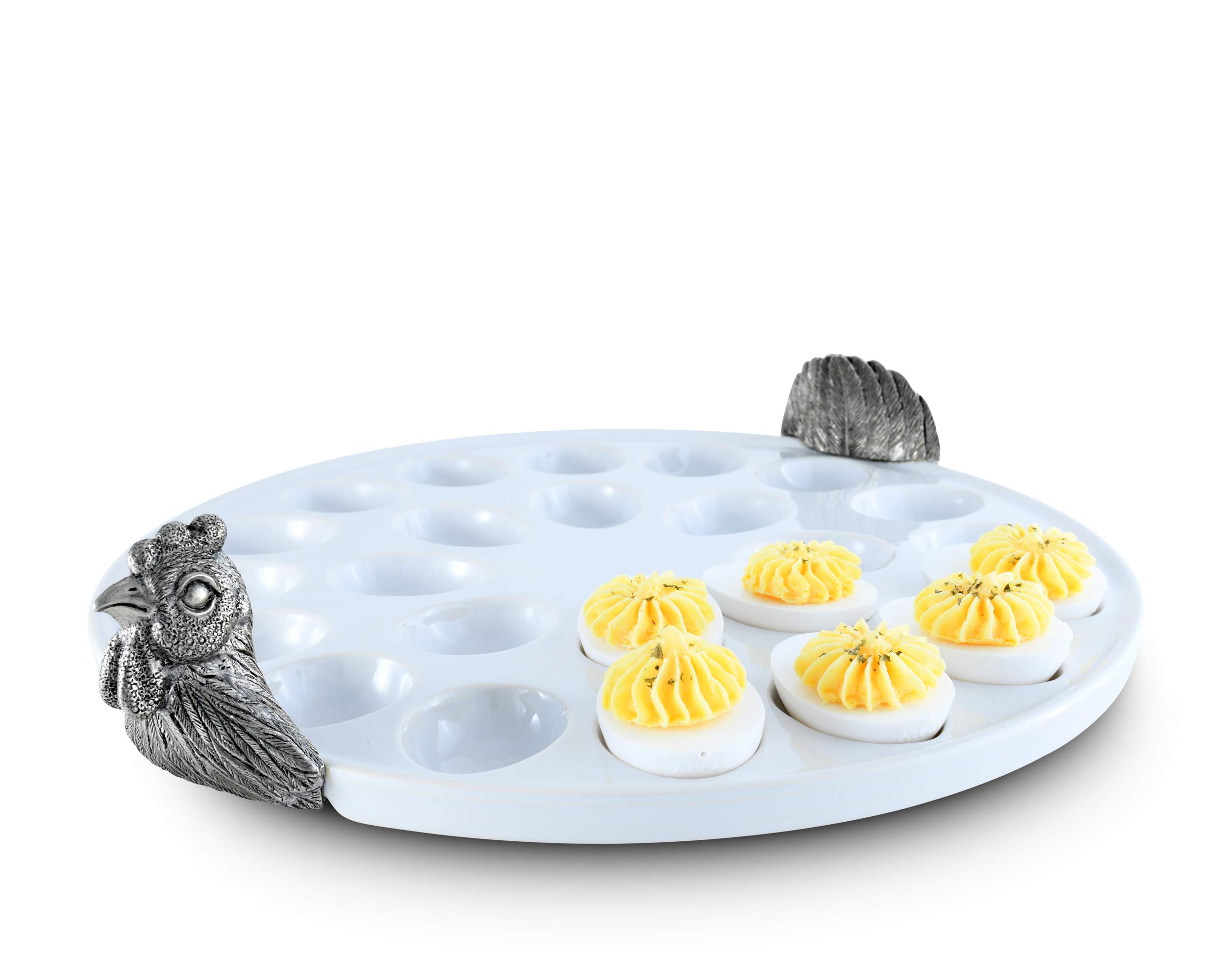 Vagabond House Pewter Chicken Deviled Egg Stoneware Tray - 13 Inch Diameter Rustic Farmhouse Serving Dish for Easter, Brunch, and Party Appetizers