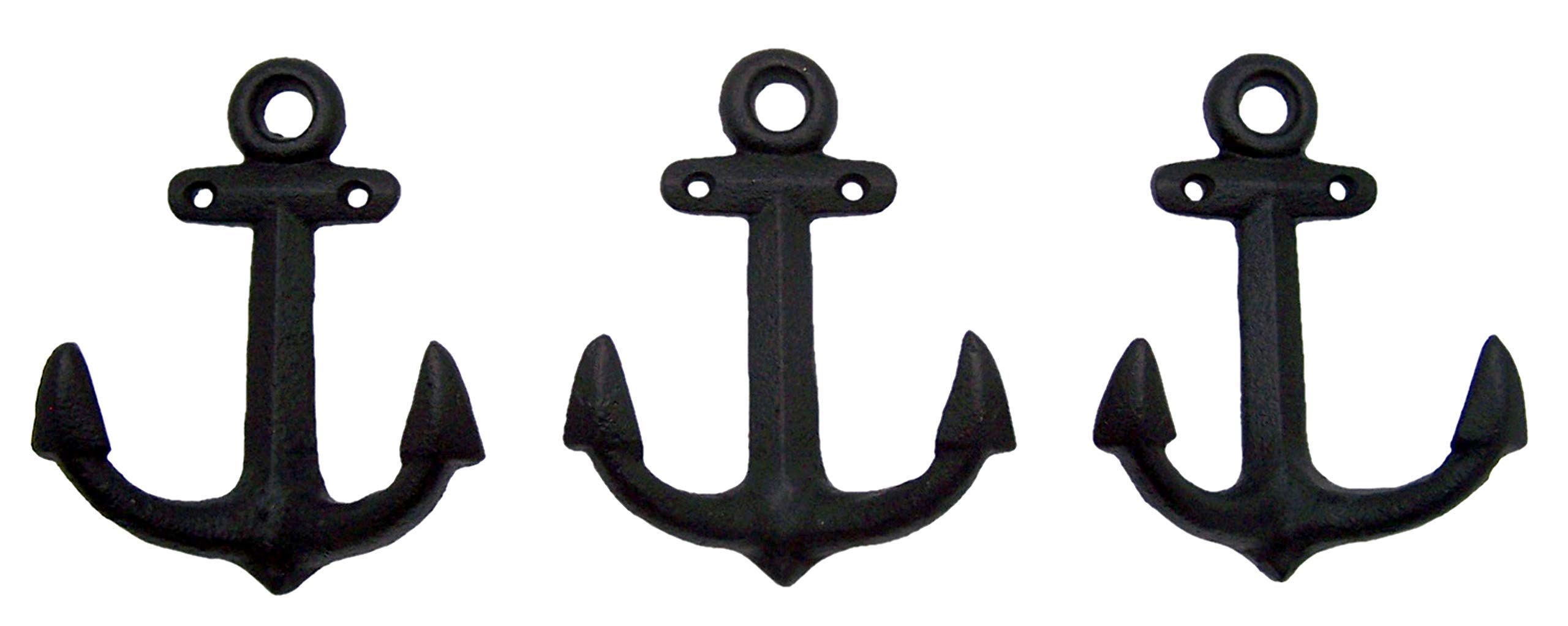 Nautical Cast Iron Ship Anchor Wall Hooks - Set of 3 (6 Inch, Black) - Perfect for Beach House Decor, Boat Accessories & Coastal Themed Home Decor