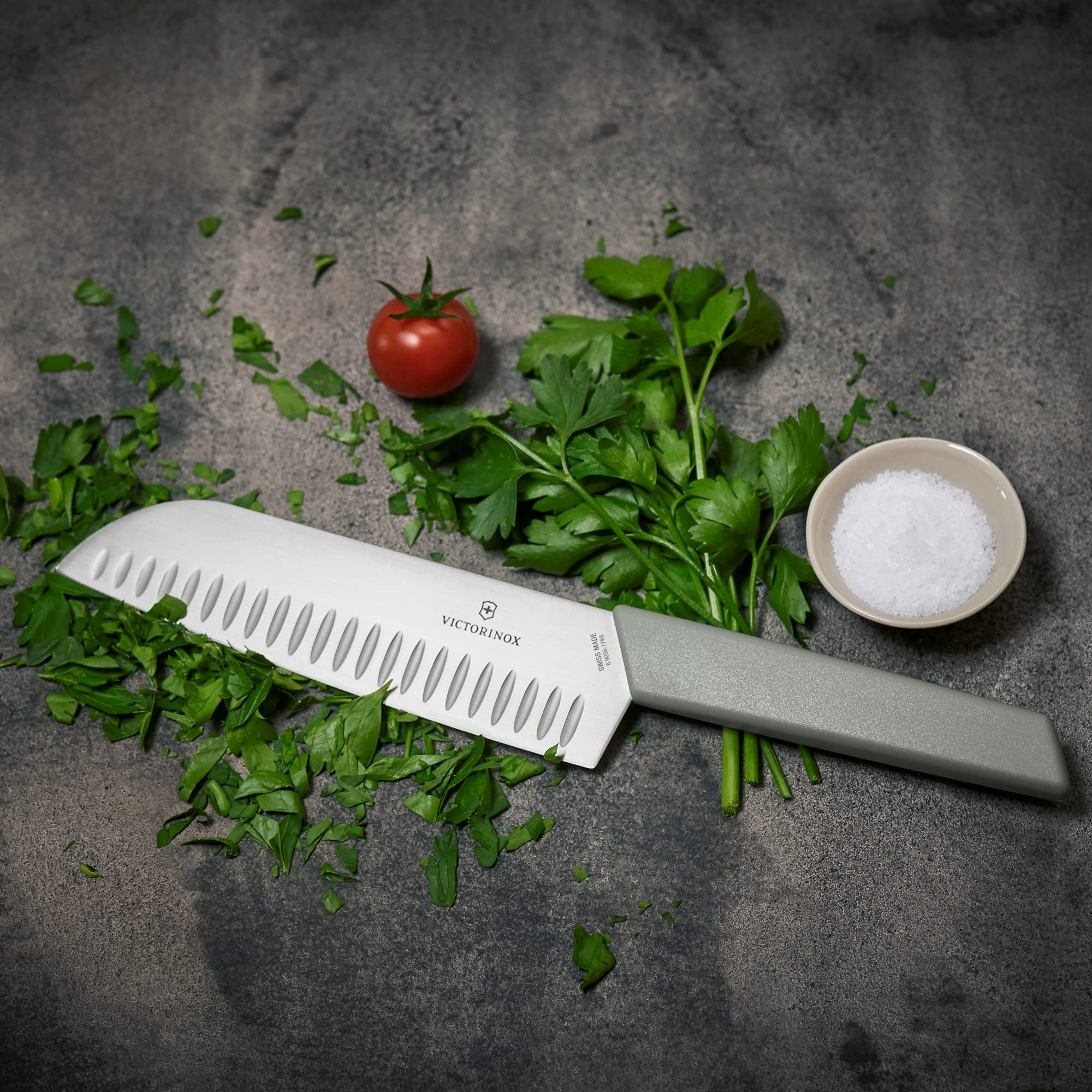 Victorinox Swiss Modern Santoku Knife 7 Inch - Ultra Sharp Kitchen Knife for Dicing, Slicing & Mincing - Premium Stainless Steel Chef Knife with Olive Wood Handle - Perfect for Home Cooking, Meal Prep & Professional Kitchens