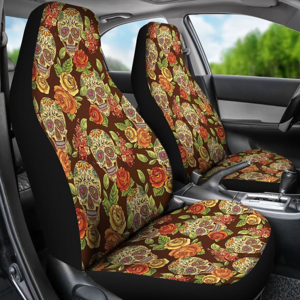 2 Pcs Sugar Skull Floral Car Seat Covers - Universal Fit for Cars, Trucks & SUVs - Gothic Decor for Day of the Dead, Halloween & Mexican Theme Parties
