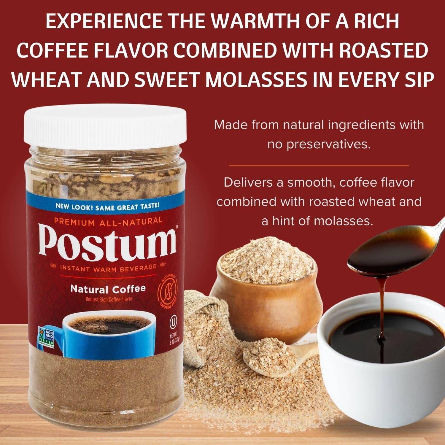 Postum Wheat Bran & Molasses Caffeine-Free Instant Coffee Substitute (6 x 8oz) | Natural Healthy Beverage for Breakfast & Pantry | Rich Flavor Dietary Drink for Coffee Lovers | Perfect for Morning Routine, Vegan Diet & Digestive Wellness