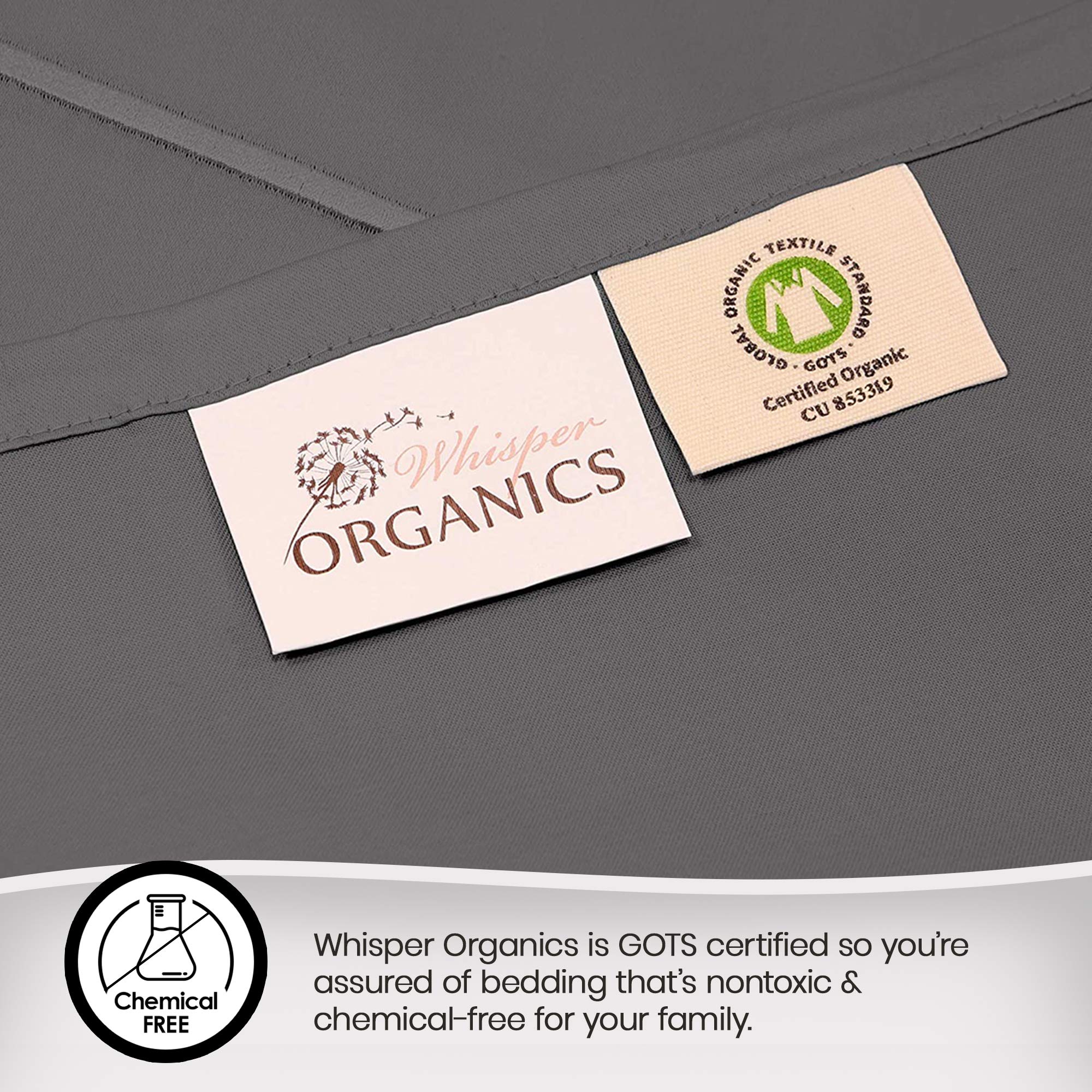 Whisper Organics 100% Organic Cotton Sheets Set - 300 Thread Count, GOTS Certified, Deep Pocket, Twin Size, Dark Grey - Premium Soft Bedding for Luxurious Sleep & Hotel-Style Comfort