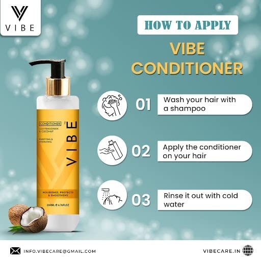 VIBESS Hair Fall Defense Conditioner for Men & Women with Fenugreek & Coconut Extract | Purifying & Hydrating Hair Treatment | Prevents Breakage & Hair Loss | Sulfate-Free & Nourishing Hair Care | 200ml | Perfect for Daily Use & Damaged Hair Repair
