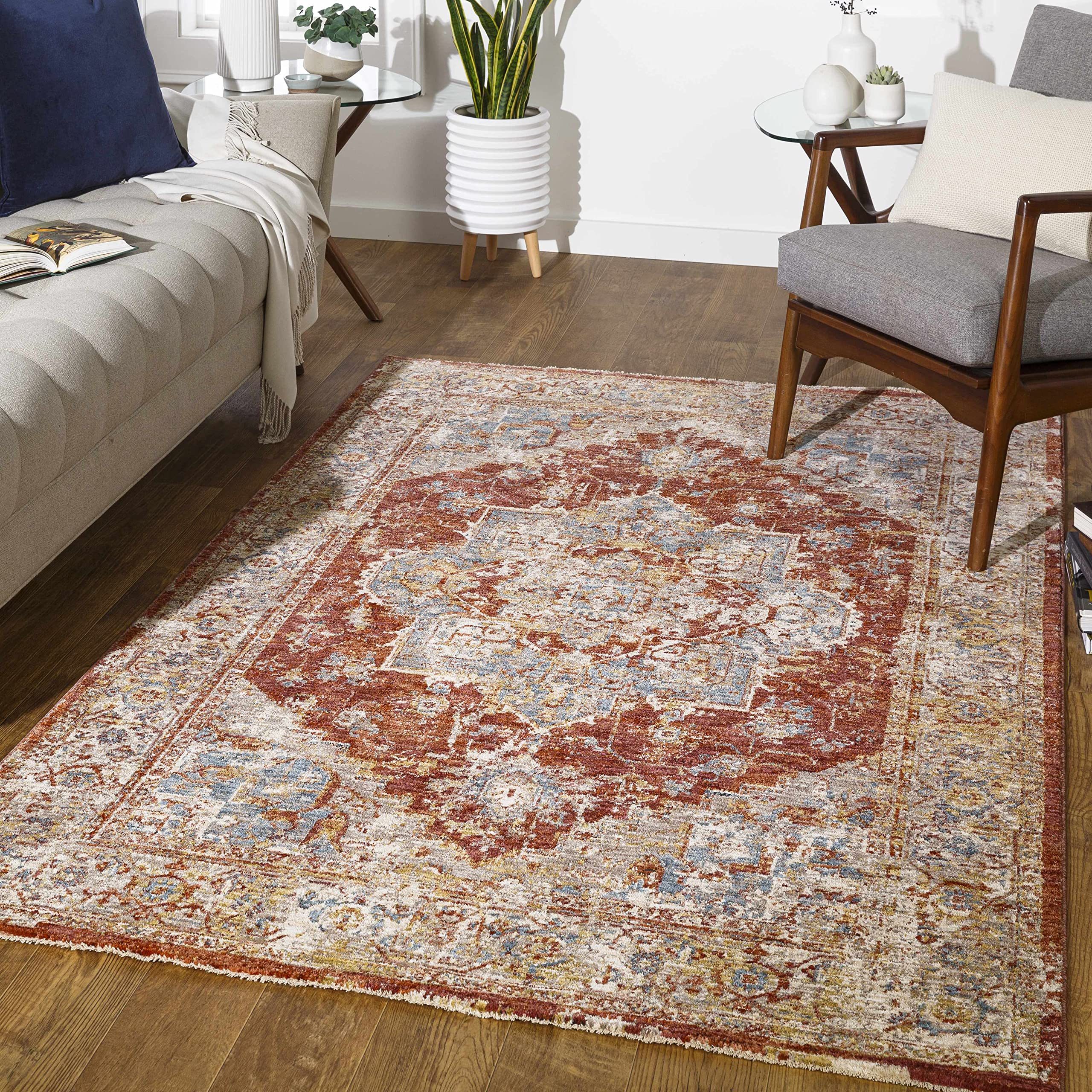 Hauteloom Powassan Modern Area Rug for Living Room & Bedroom - Soft Gray, Beige, Red - 9' x 12'2