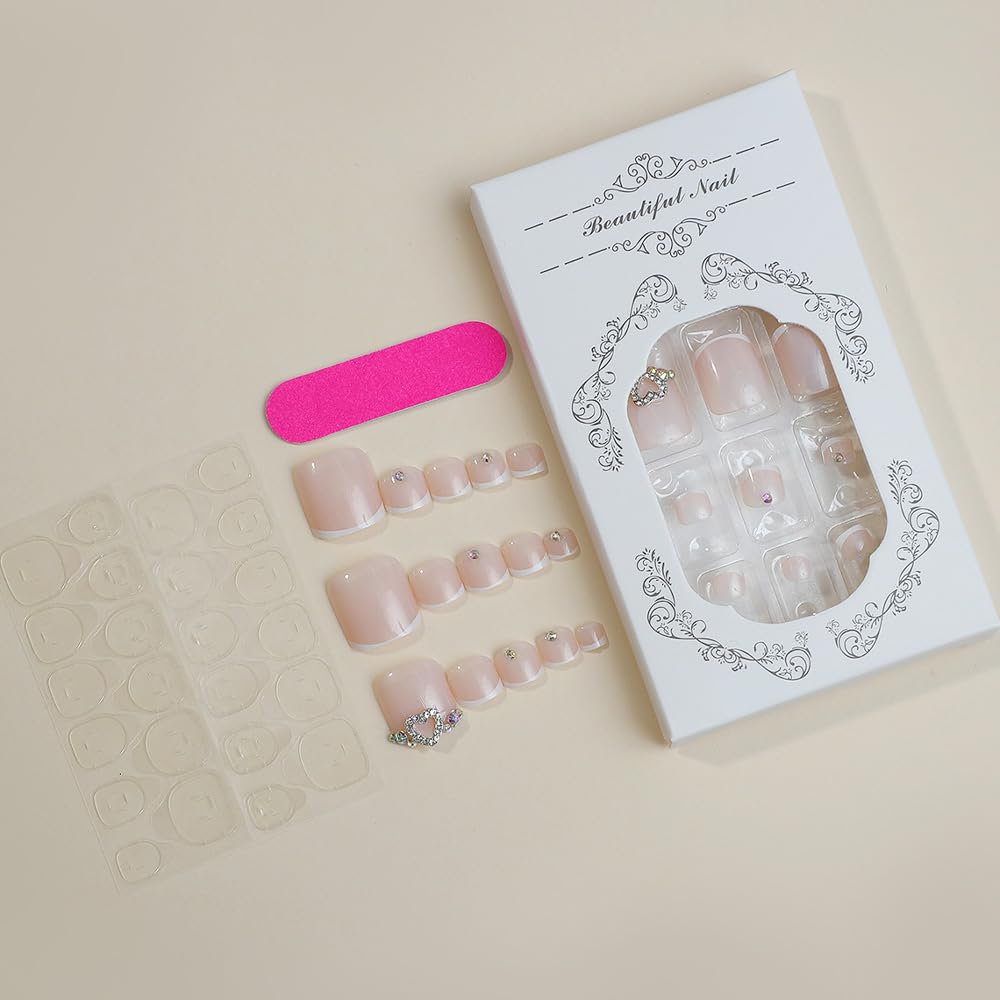 Elegant French Tip Press-On Toenails for Women - White Square Acrylic Fake Toe Nails with Rhinestone Heart Designs | Perfect for Weddings, Parties & Special Occasions