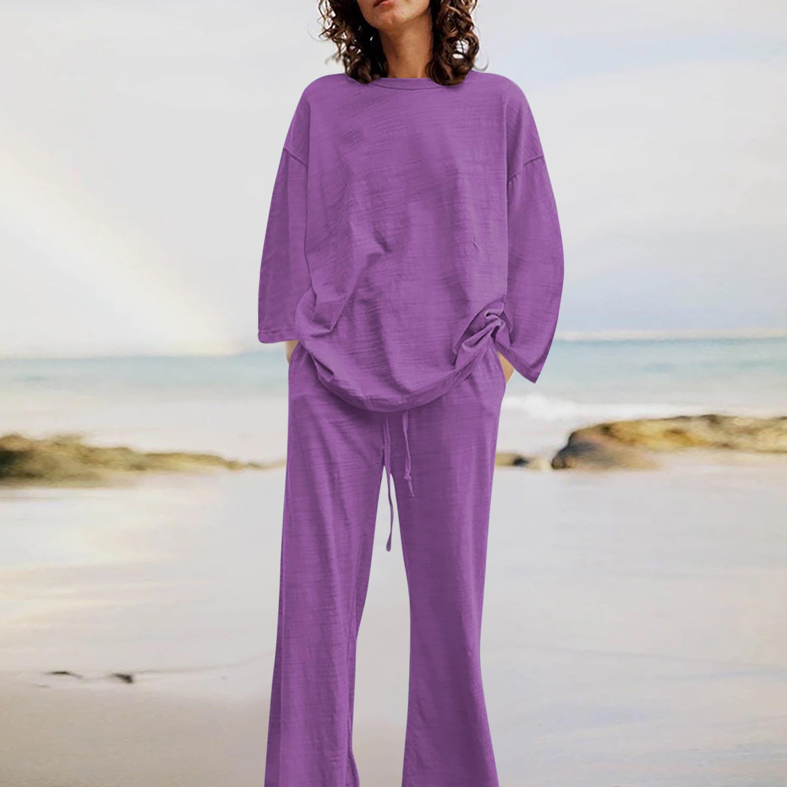 Oelaio Women's Wide Leg Lounge Pajama Set - 100% Cotton Button Down Sleepwear & Oversized Pants 2-Piece Outfit for Travel, Home Relaxation & Casual Wear