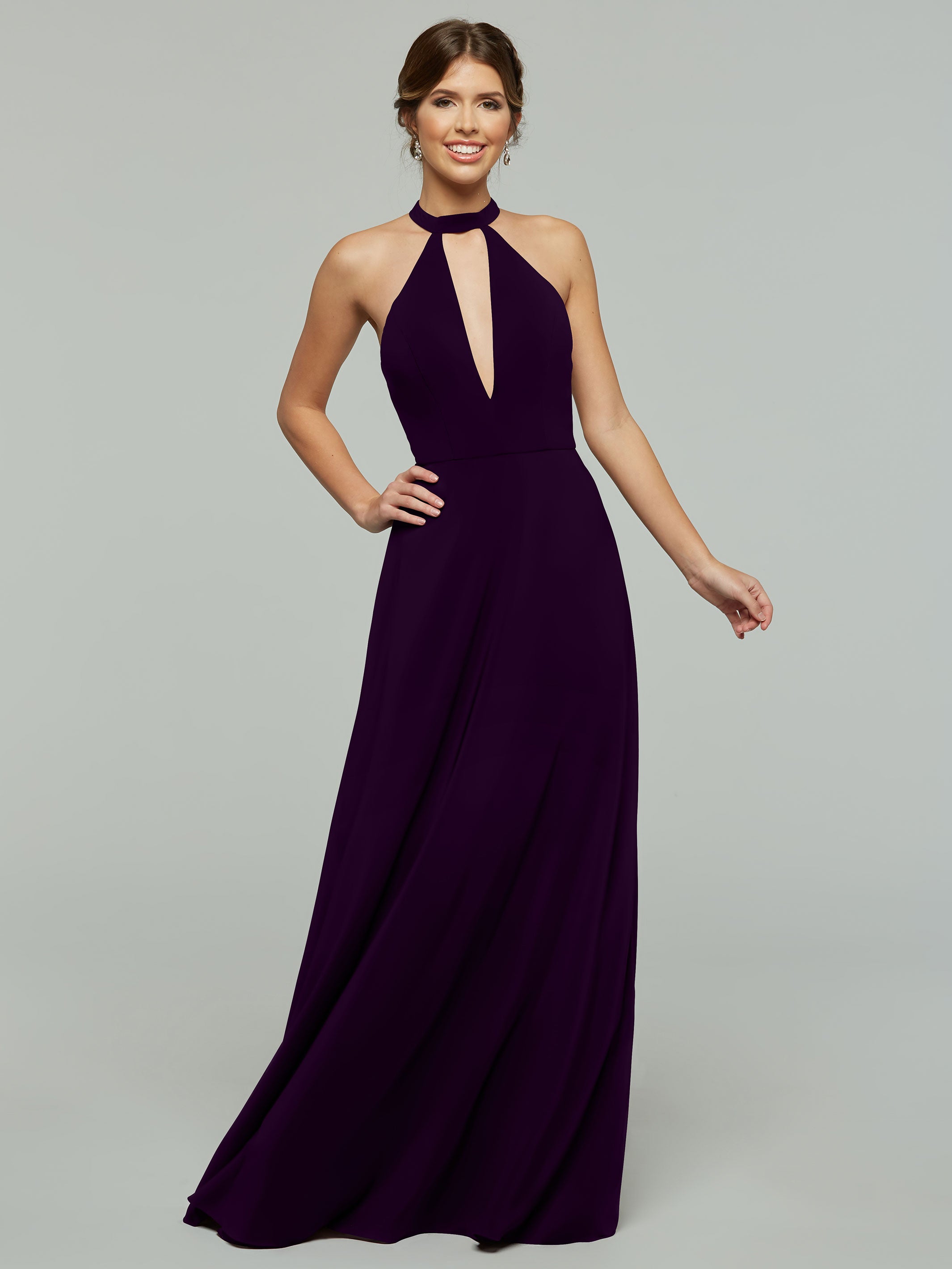 Elegant 80115 Stretch Chiffon A-Line Bridesmaid Dress with Plunging Halter Neckline - Perfect for Weddings, Formal Events & Special Occasions