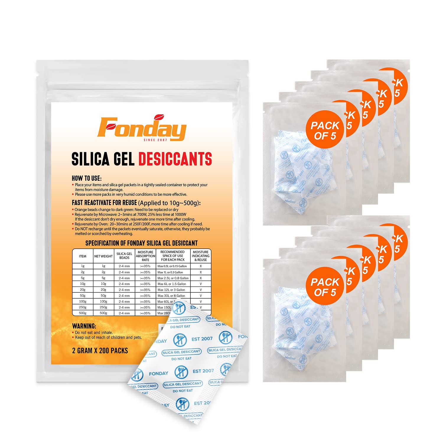 2 Gram [200 Packets] Food Grade Silica Gel Desiccant Packs - Moisture Absorbers for Storage, Dehumidifier Packets for Closet, Shoes, Electronics & Documents | Fonday Brand Bulk Pack (40x Sets of 5)