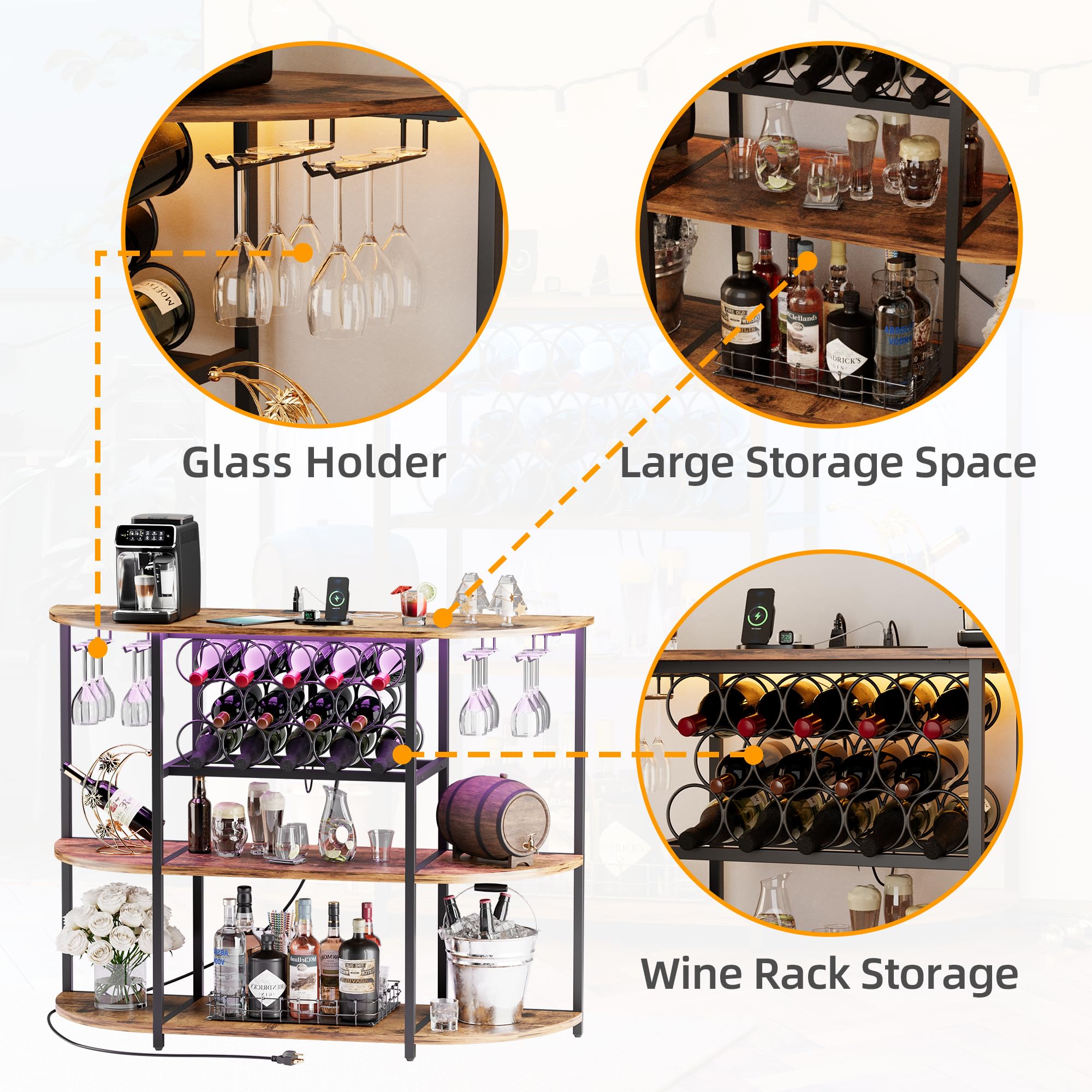 VICTONE Freestanding Wine Bar Cabinet with LED Lights & Power Outlets - Modern Liquor Storage with Glass Holder & Wine Rack - Perfect for Home, Kitchen, Dining Room - Ideal for Entertaining Guests & Displaying Your Wine Collection
