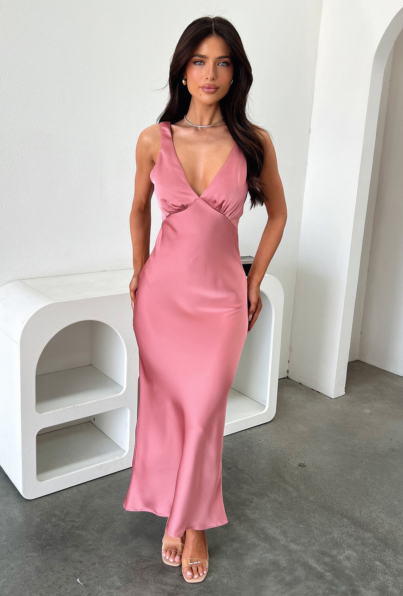 Delayne V Neck Satin Midi Dress - Elegant Rose Pink Formal Evening Gown for Women | Perfect for Weddings, Parties & Special Occasions