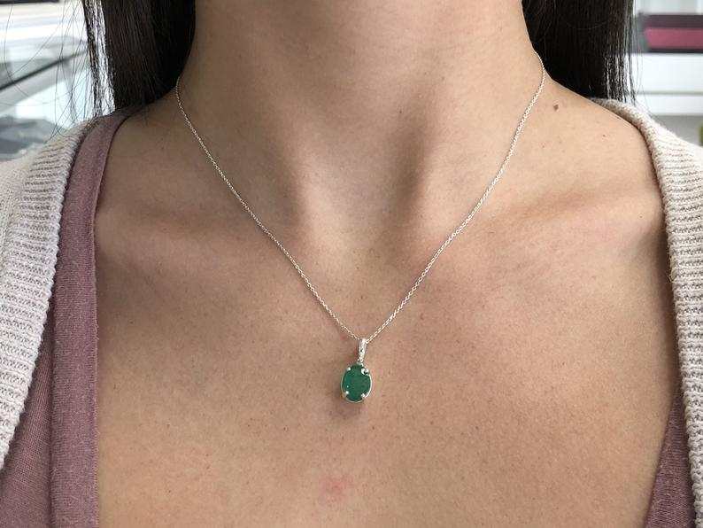 2.69 Carat Dark Green Emerald Oval & Diamond Accent 925 Sterling Silver Necklace for Women - Elegant Jewelry Gift for Anniversary, Birthday & Special Occasions