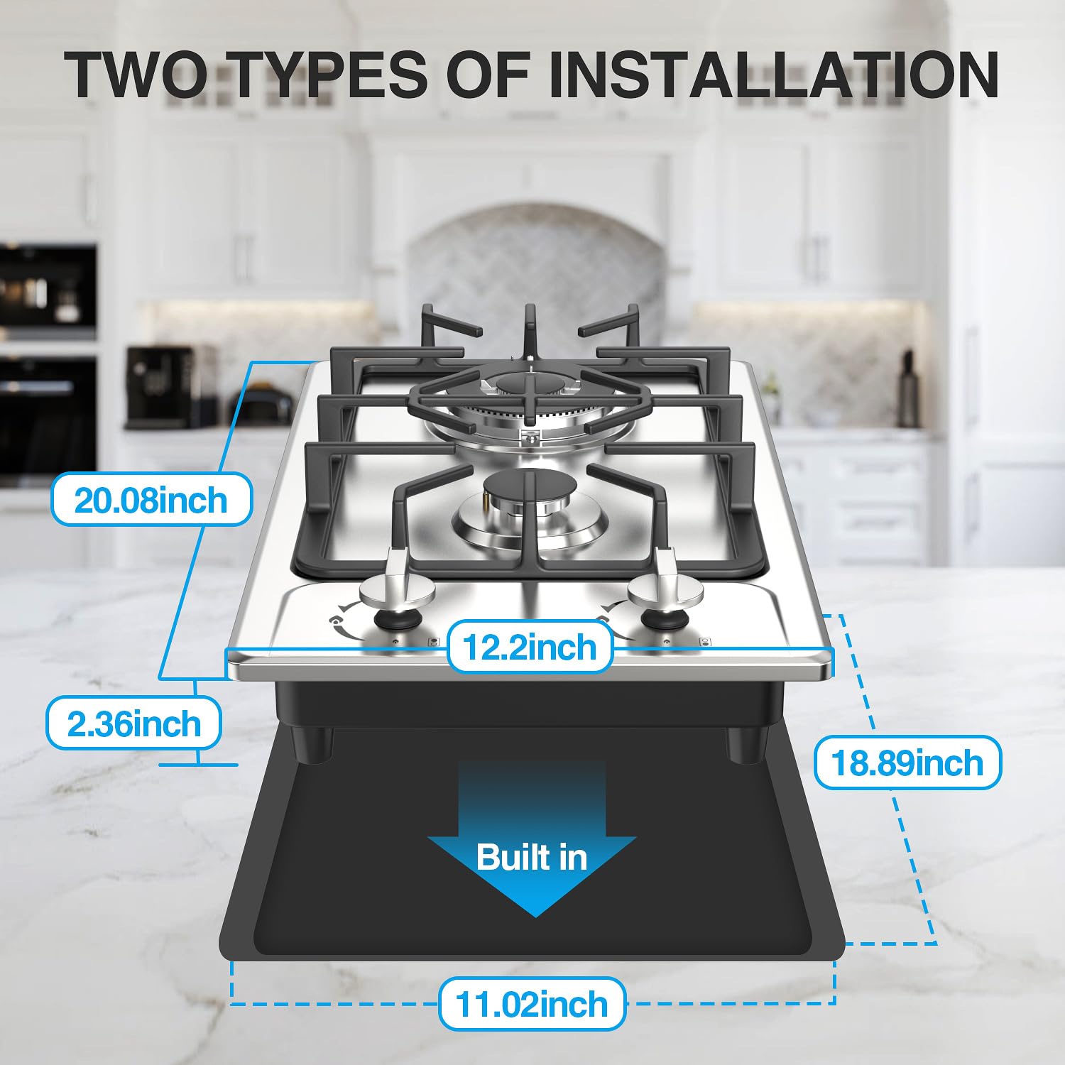 ANHANE 12 Inch 2 Burner Gas Cooktop - Portable Stainless Steel LPG/NG Dual Fuel Built-in Stove for RV, Apartment, Camping & Outdoor Cooking | Perfect for Small Kitchens, Tailgating & Emergency Preparedness