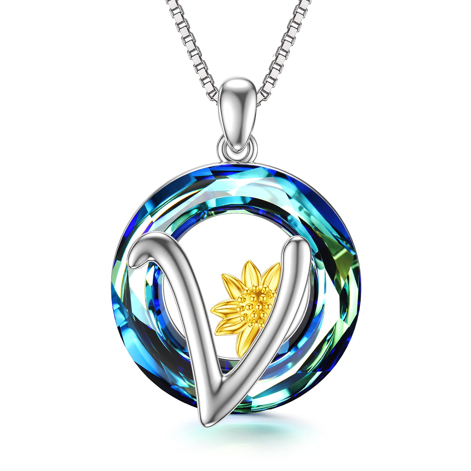 925 Sterling Silver Sunflower Letter Necklace with Crystal Initial Pendant - Personalized Alphabet Jewelry for Women & Teen Girls - Perfect Christmas Gift for Her, Birthday, Anniversary & Everyday Wear