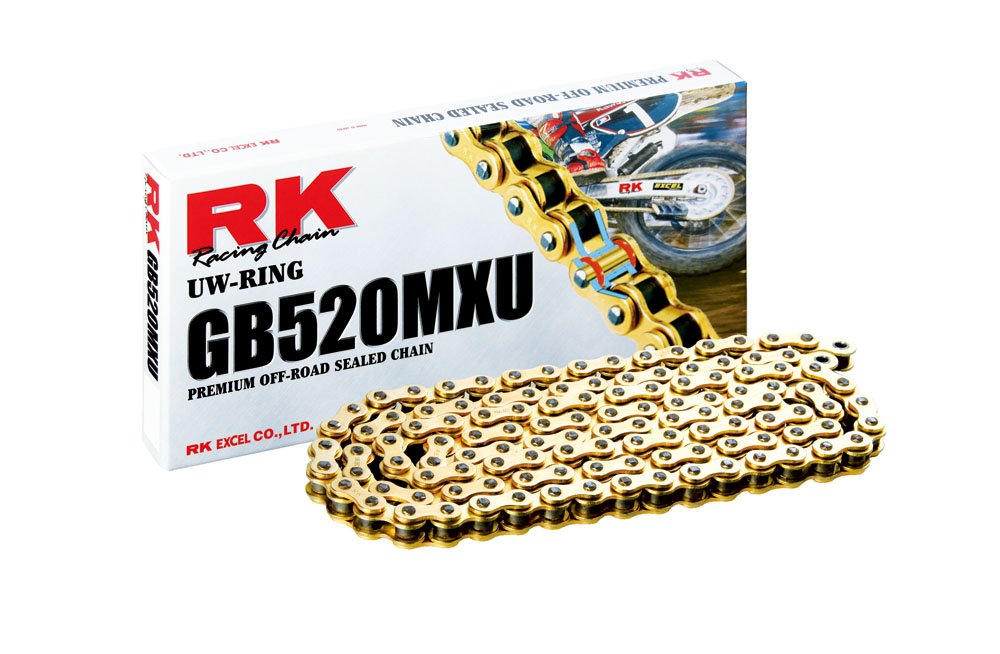 RK Racing Chain GB520MXU-120 Gold 520 Series Motorcycle Chain - 120 Link High Performance Narrow Clearance Off-Road & ATV Chain with UW-Ring and Connecting Link - Perfect for Dirt Bikes, Motocross, and Extreme Riding Conditions