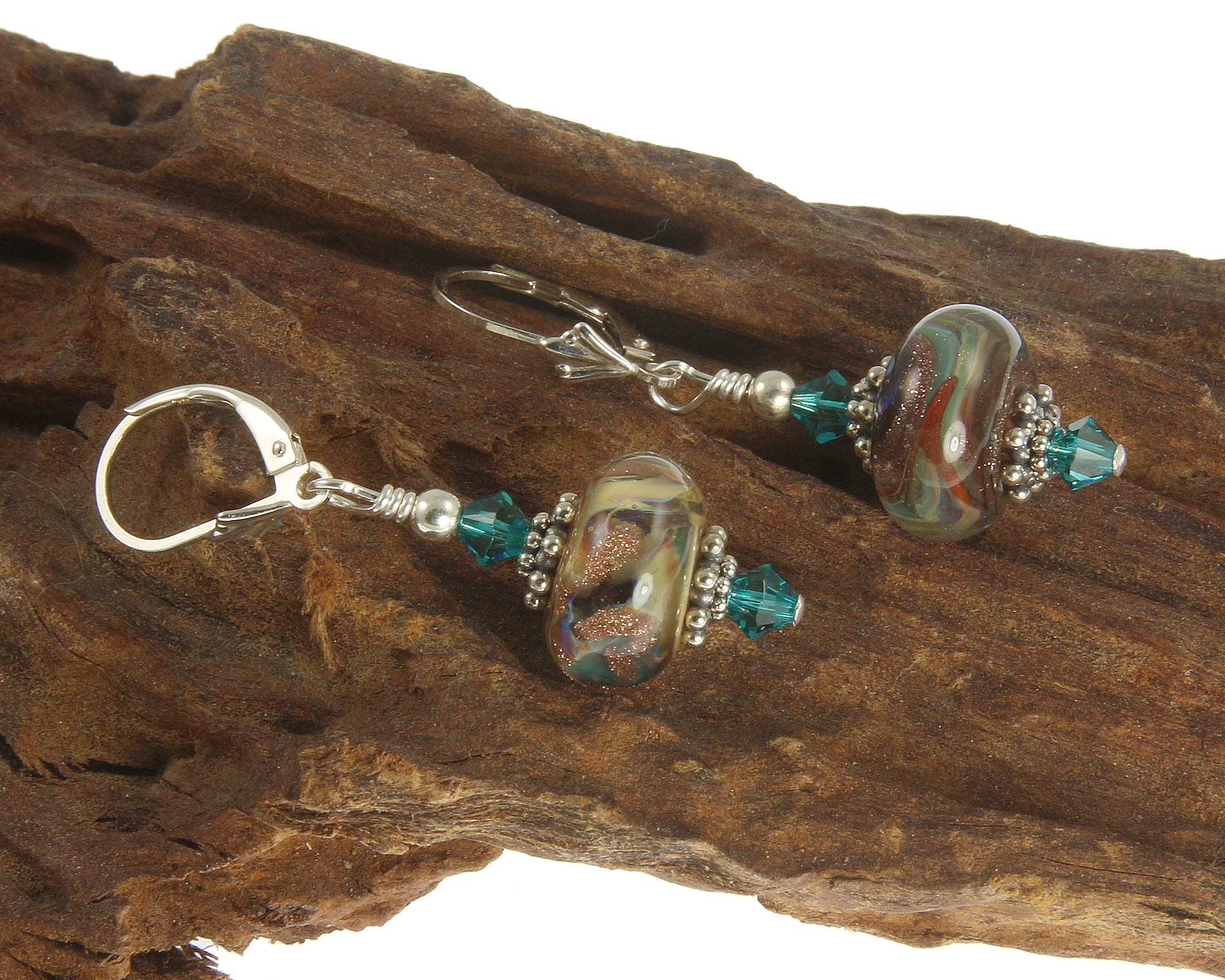 Teal Shimmering Goldstone Lampwork Earrings – Handmade Bohemian Jewelry for Women | Perfect for Parties, Weddings & Special Occasions