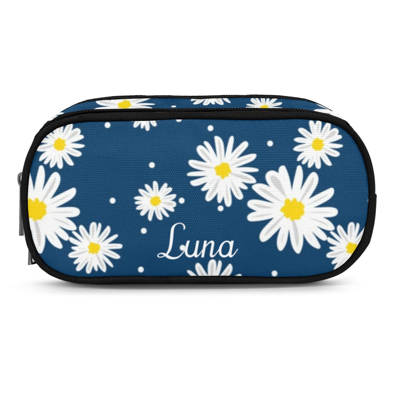 Custom White Daisy Dots Blue Zipper Pencil Case - Personalized Pencil Pouch Bag for School, Office & Travel - Perfect for Organizing Pens, Markers & Art Supplies