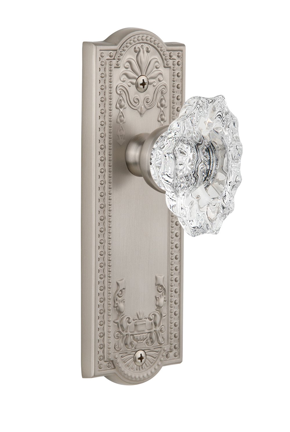 Grandeur Parthenon Plate with Biarritz Knob - Double Dummy Satin Nickel Door Handle Set | Perfect for Interior Doors, Cabinets & Home Décor