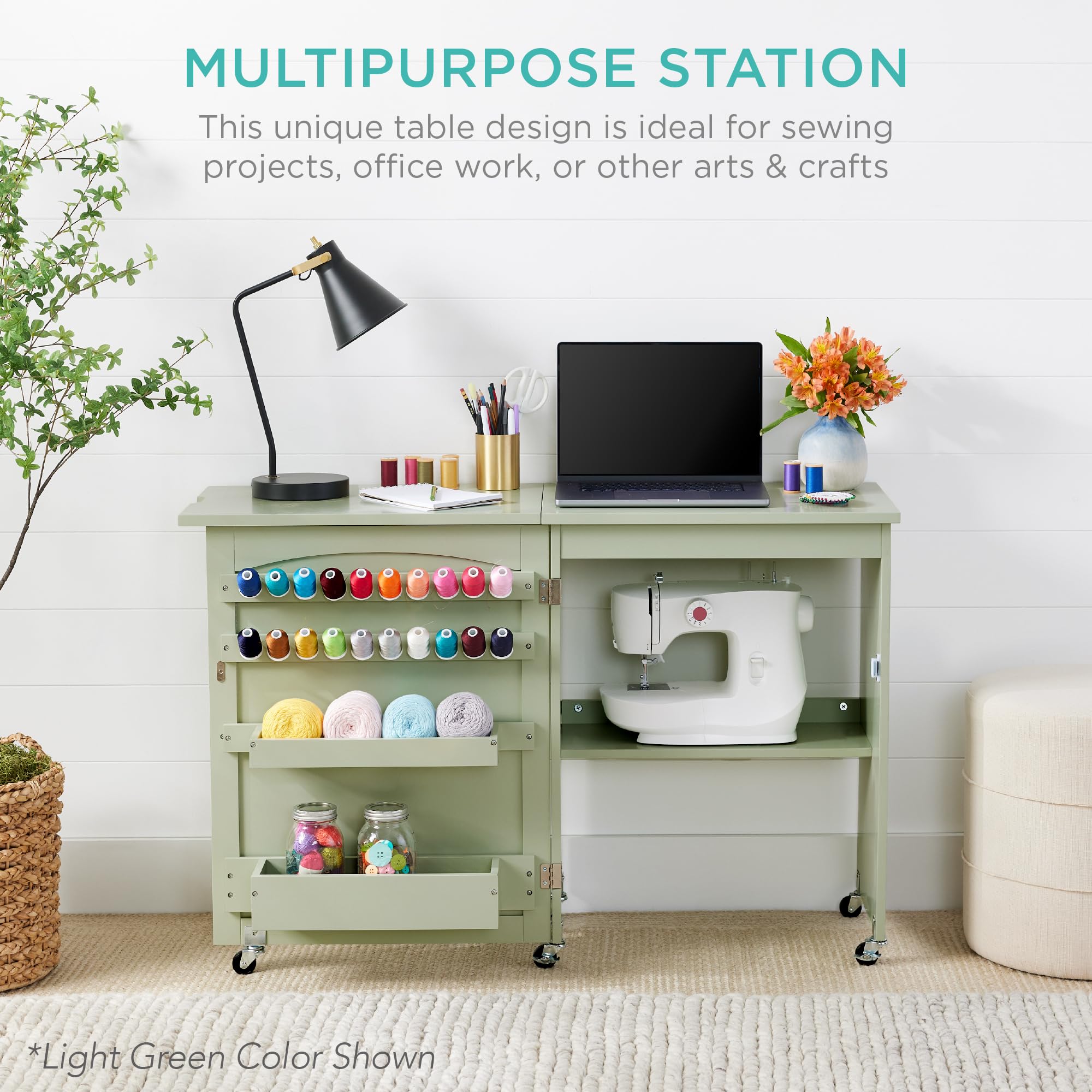Best Choice Products Folding Sewing Table - Multipurpose Craft Station & Side Desk with Wheels, Shelves, Storage Trays - Compact Design for Small Spaces - Perfect for Sewing, Quilting, Scrapbooking & DIY Projects - White