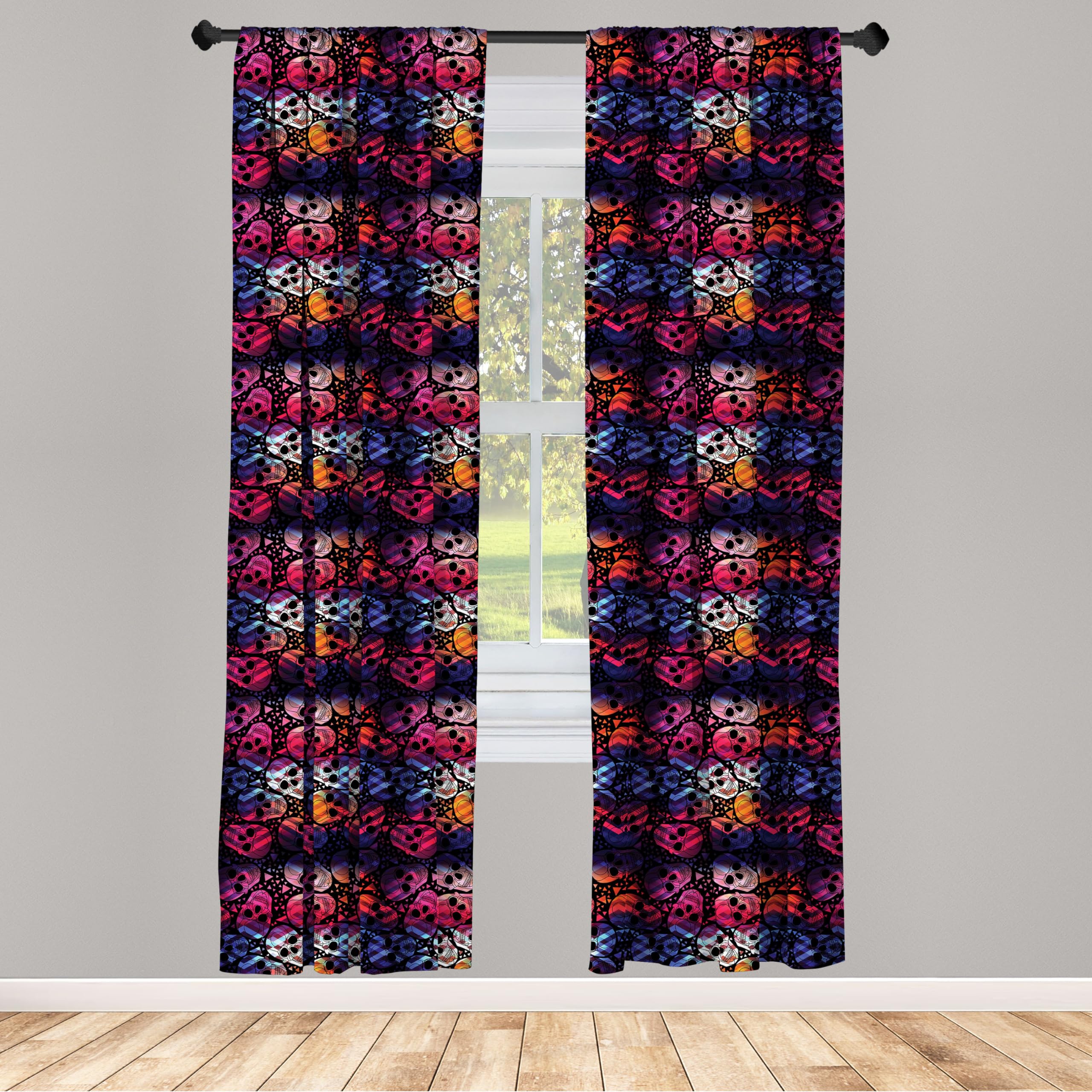Ambesonne Halloween Window Curtains - Mexican Sugar Skulls Geometric Print, Lightweight Polyester Decor for Dia de los Muertos, 2-Panel Set with Rod Pocket (28