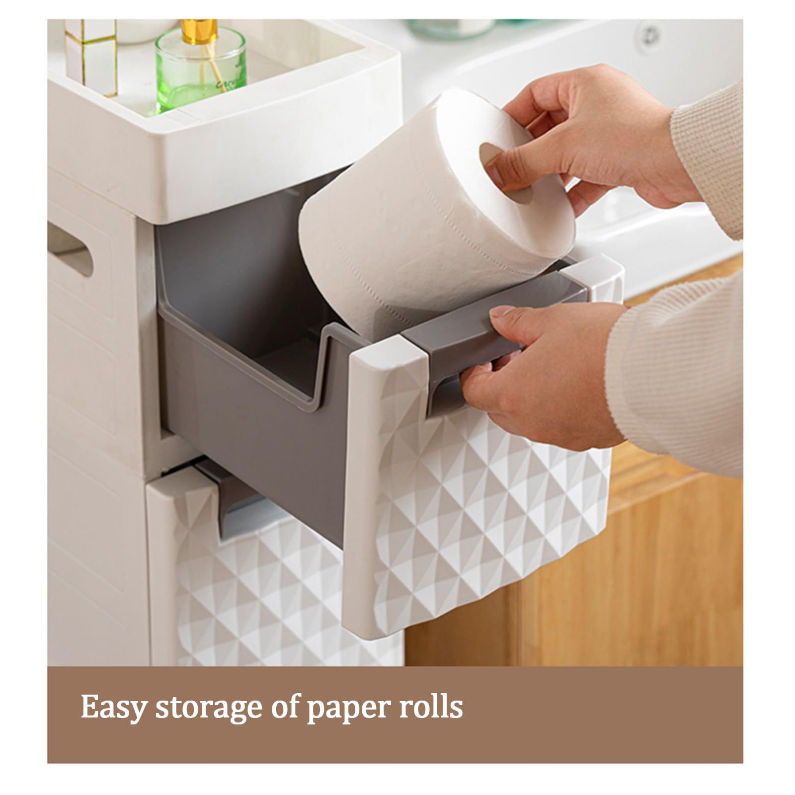18CM/7.1IN Narrow Plastic Bathroom Storage Cabinet with Drawers & Shelf - Space-Saving Bathroom Organizer with Dual-Sided Tissue Holder - Perfect for Small Bathrooms, Apartments & RVs