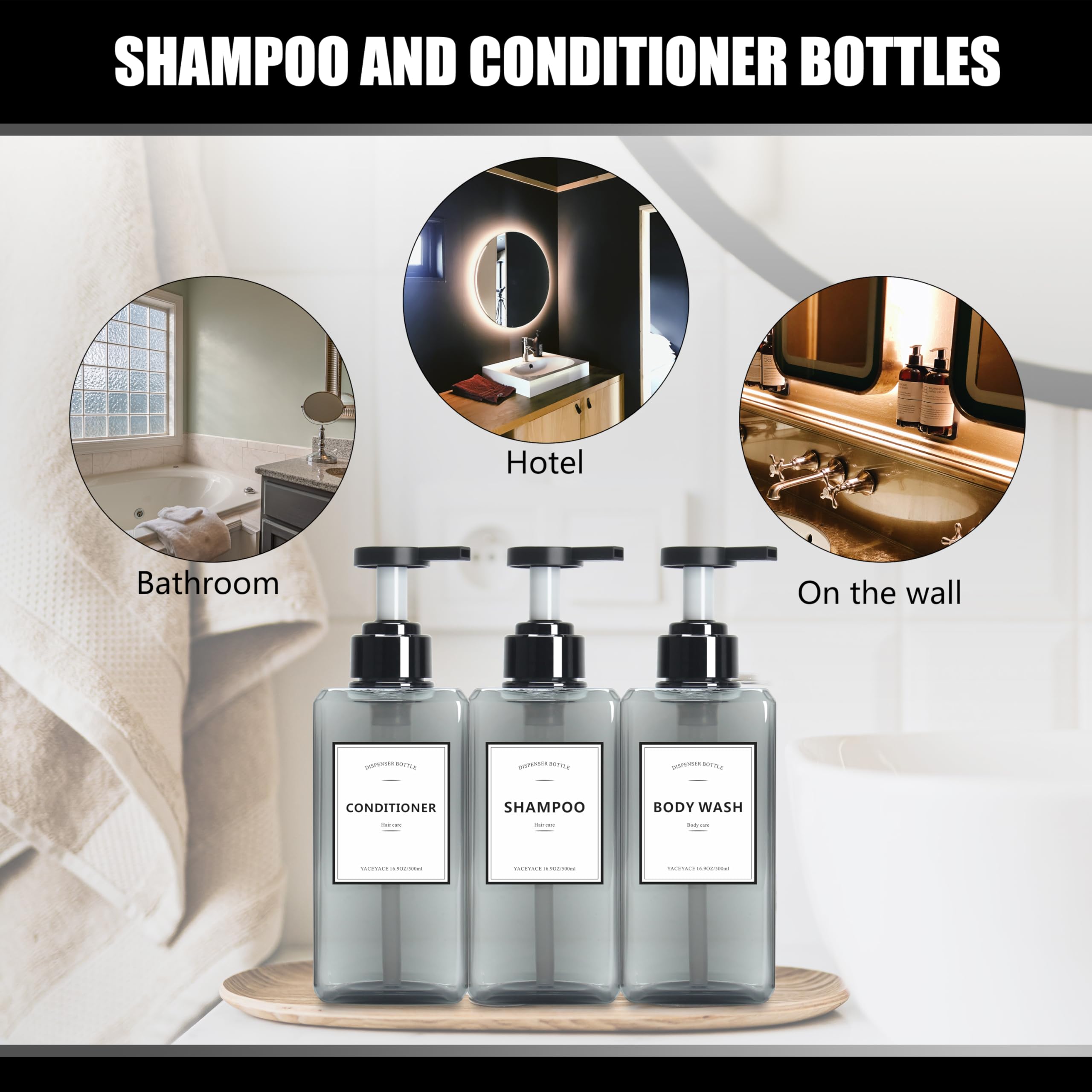YACEYACE 16.9oz Clear Grey Soap Dispenser Set of 3 - Refillable Kitchen & Bathroom Pump Bottles for Liquid Soap, Shampoo & Lotion - Perfect for Countertop Organization & Home Decor