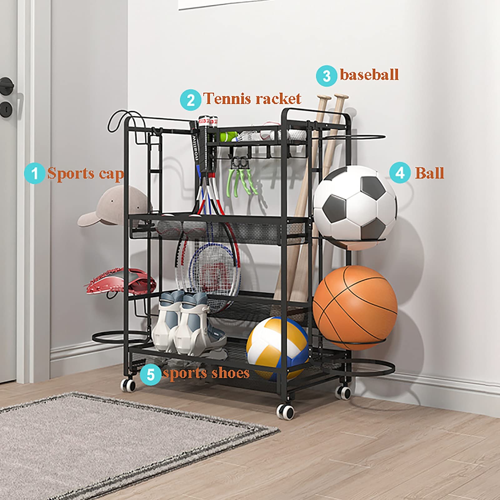CMMC Rolling Sports Equipment Storage Rack with Baskets & Hooks - Garage Ball Organizer for Basketball, Soccer, Football Gear - Indoor & Outdoor Sports Gear Storage Solution for Home, Gym, and Playroom Organization