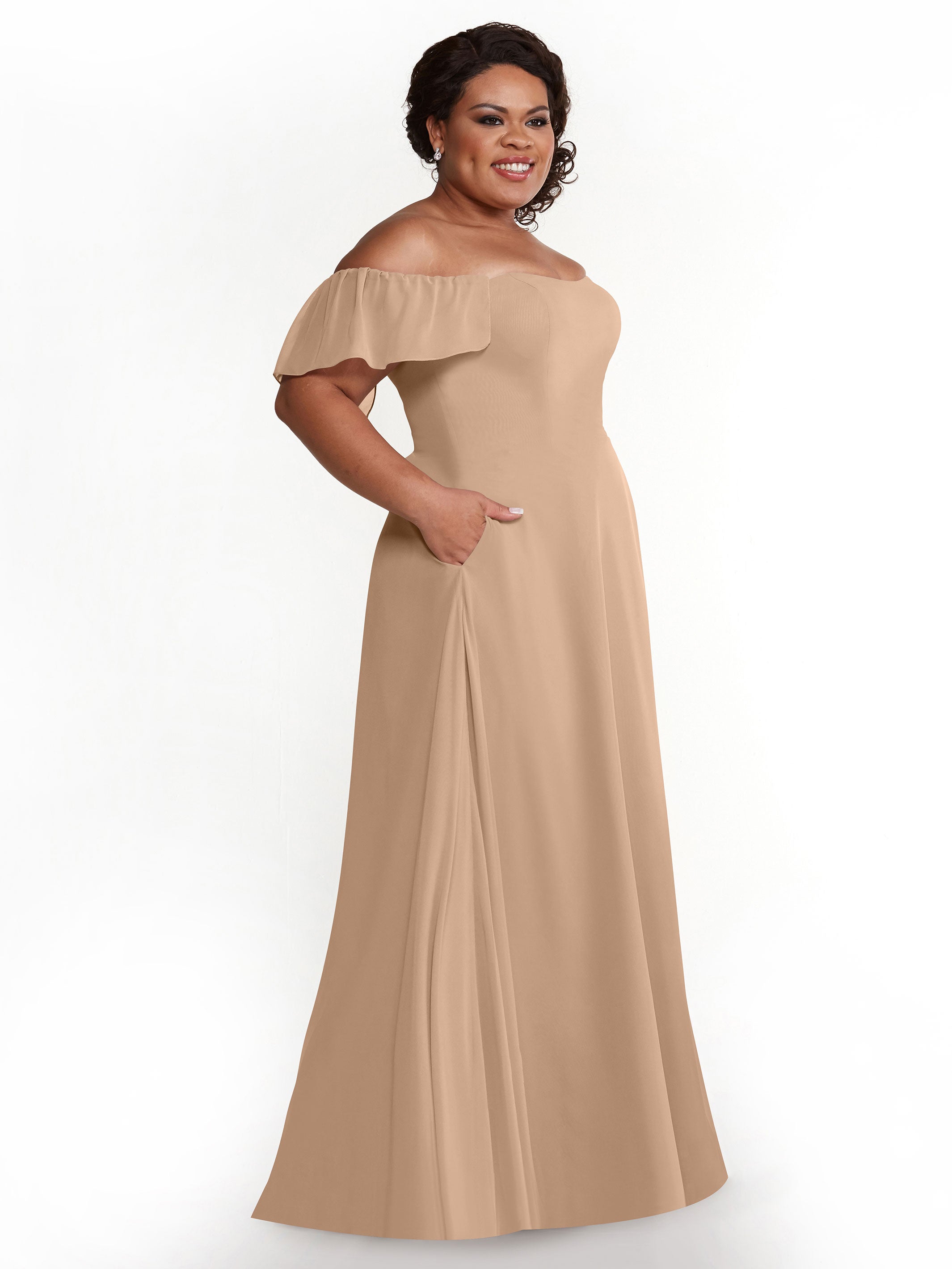 Elegant A-Line Off-The-Shoulder Chiffon Bridesmaid Dress with Pockets - Perfect for Weddings, Formal Events & Special Occasions
