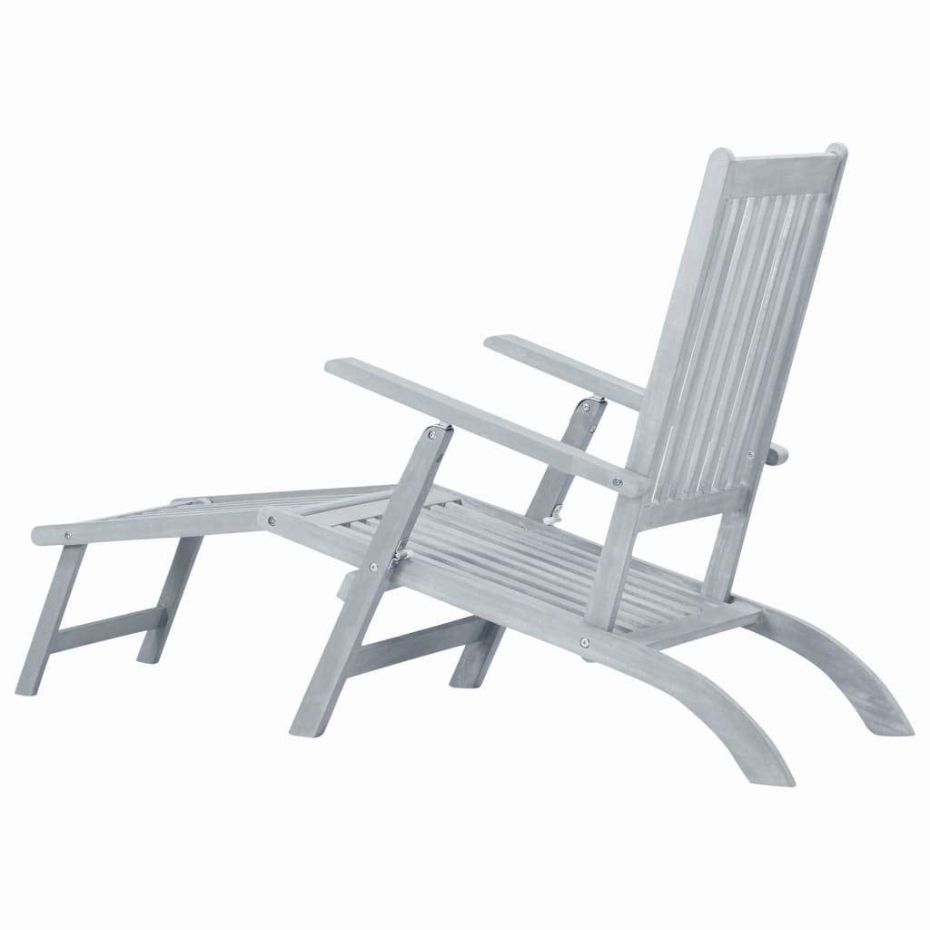 Gray Wash Solid Acacia Wood Patio Deck Chair with Adjustable Footrest - Outdoor Lounge Chair for Poolside, Garden, Backyard Relaxation & Sunbathing