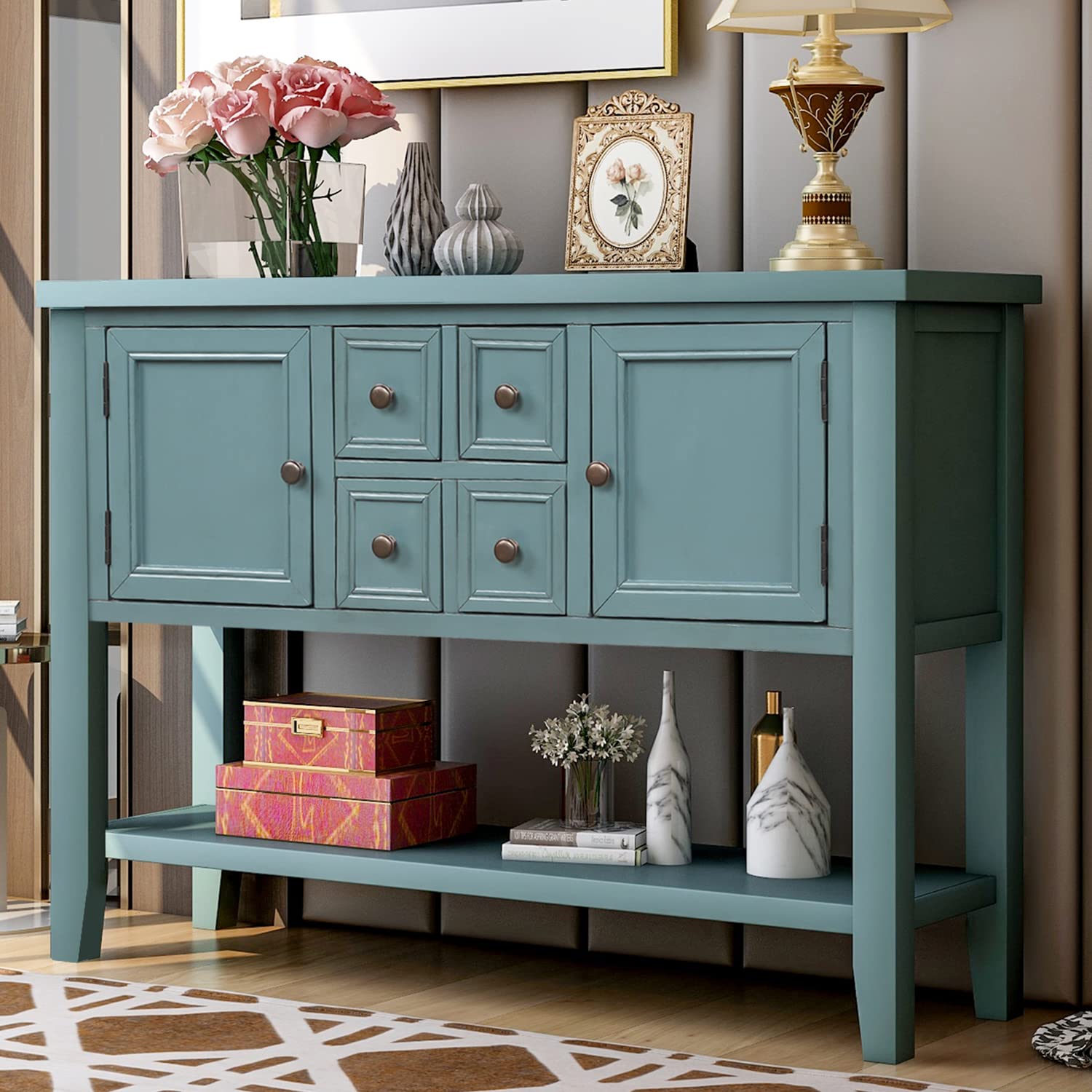Farmhouse Console Table with Drawer - Rustic Sideboard Buffet Cabinet with Storage for Living Room, Kitchen, Dining Room | Entryway Hallway Organizer, Home Decor Accent Piece