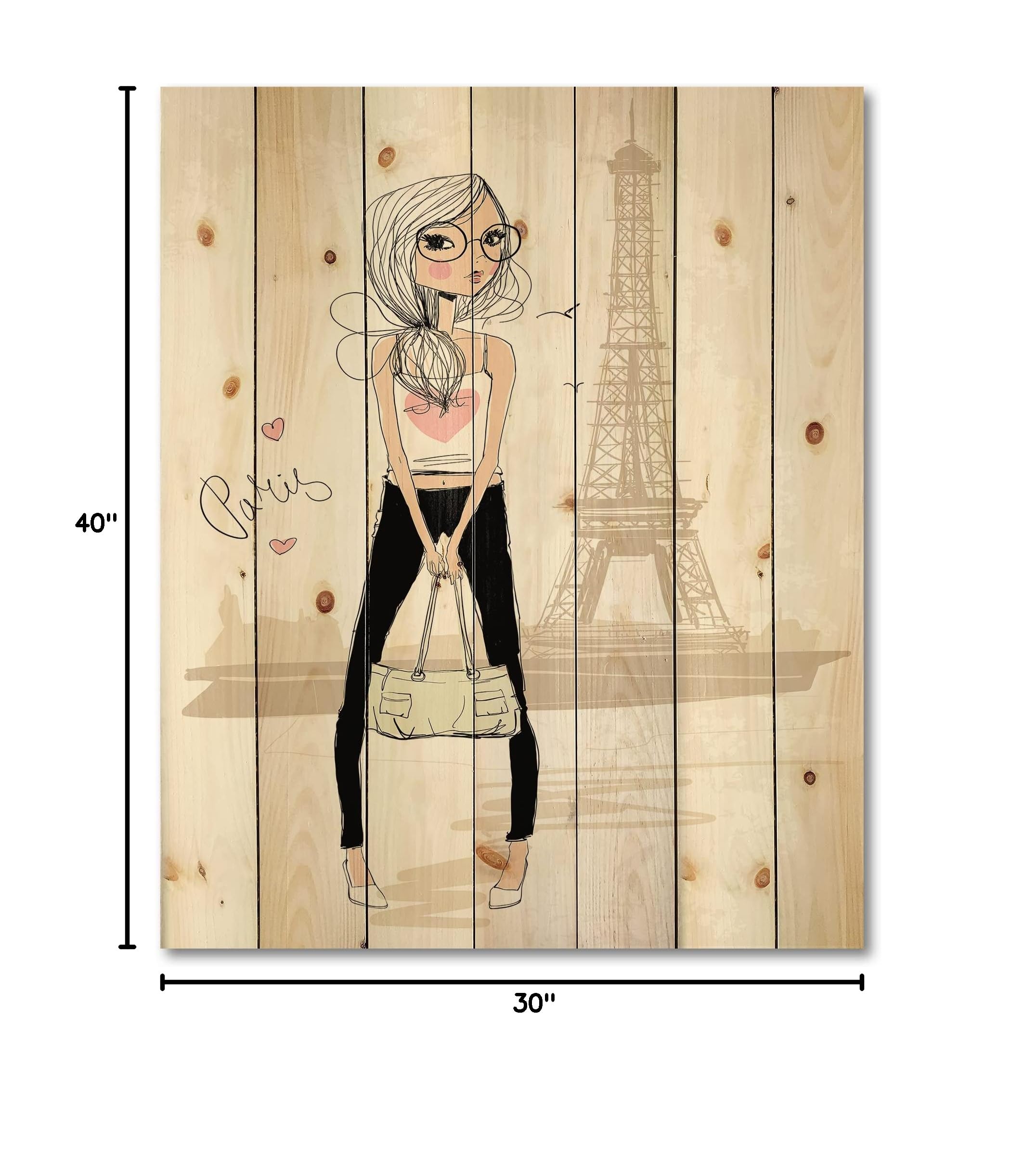 Paris Eiffel Tower Wood Wall Art for Girls - Pink Children's Room Decor, Large Pine Wood Wall Panel with Printed Design | Perfect for Nursery, Bedroom & Playroom Decorations