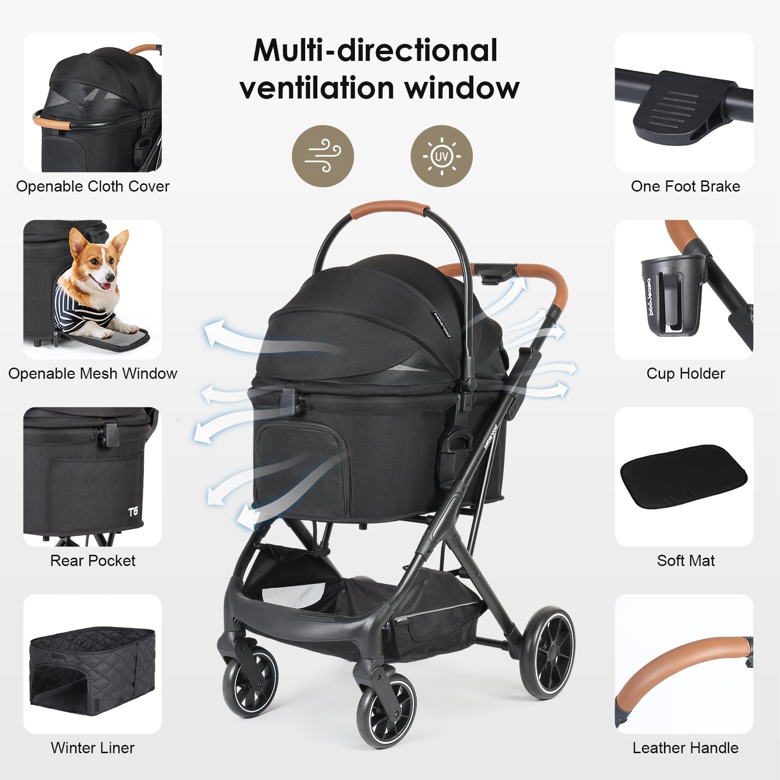 Premium T6 Luxury Pet Stroller for Medium Dogs Up to 66lbs or 2 Small Dogs & Cats - Foldable, Detachable Carrier with Wheels (Black) | Perfect for Outdoor Walks, Vet Visits & Shopping Trips