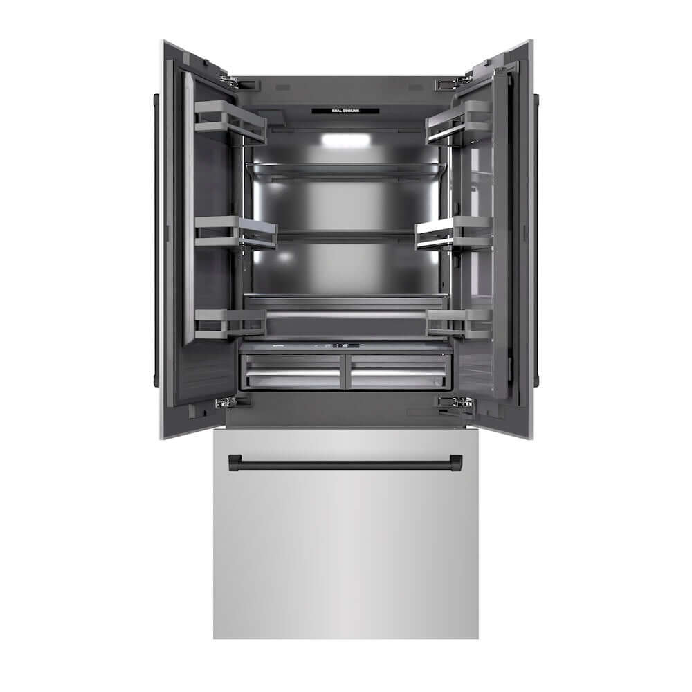 ZLINE Autograph Edition 36 Inch 19.6 Cu Ft French Door Built-In Bottom Freezer Refrigerator with Water Dispenser & Ice Maker - Stainless Steel with Graphite Gray Interior & Matte Black Accents (GRBIVZ 304 36MB) | Perfect for Modern Kitchens & Open Concept Homes