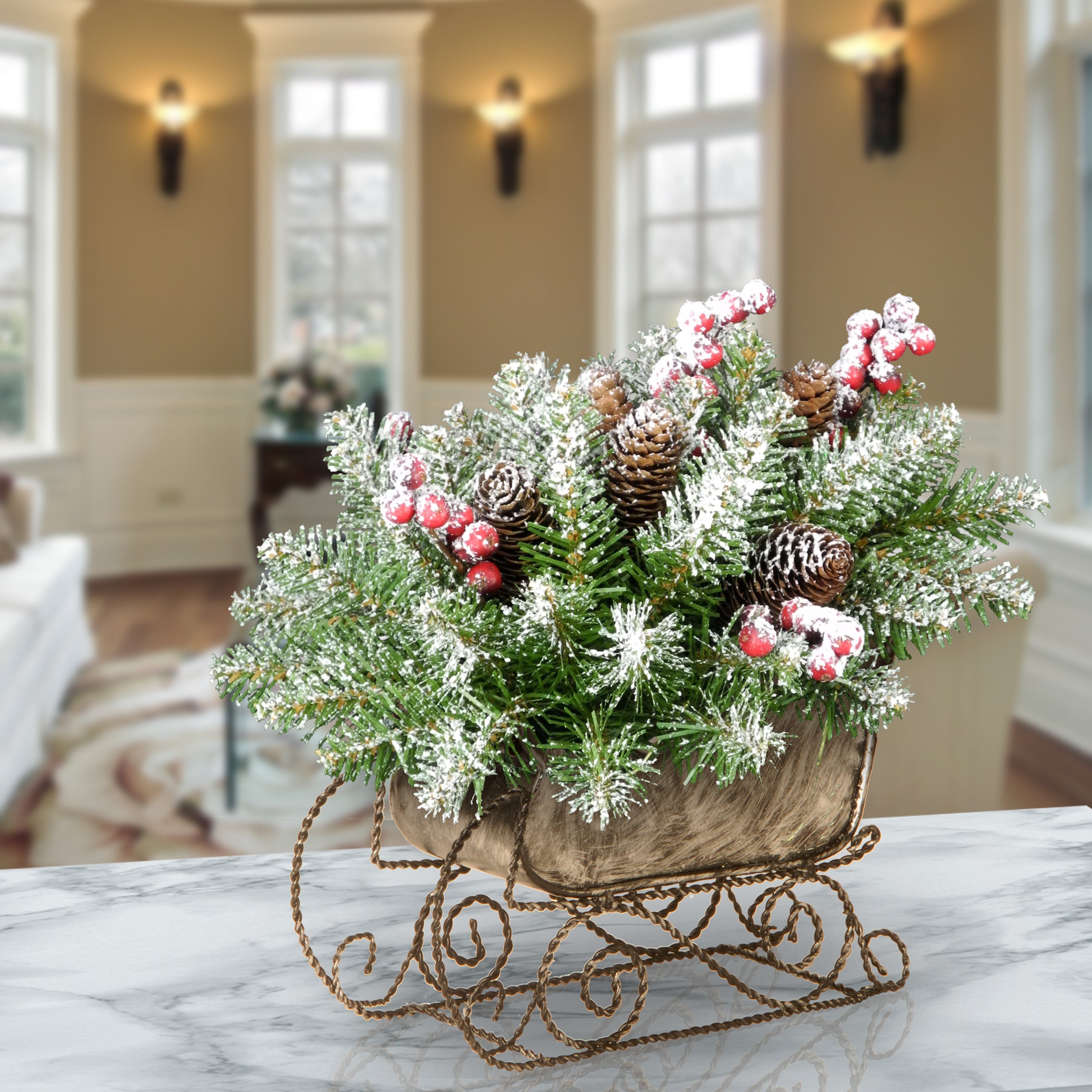 10 Inch Dunhill Fir Artificial Christmas Sleigh Centerpiece - Holiday Table Decor for Festive Home, Party, and Winter Wedding Decorations
