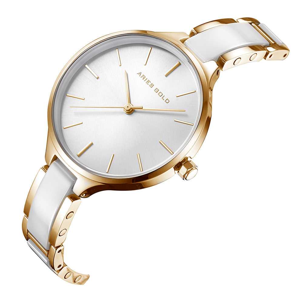 ARIES GOLD ENCHANT Stainless Steel Women's Watch with White Ceramic Band - Elegant & Durable Timepiece for Everyday Wear, Office & Special Occasions