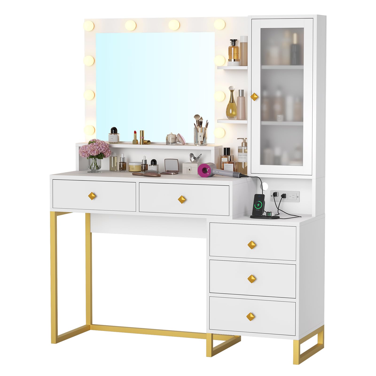 Tiptiper Large Makeup Vanity with LED Lights & Charging Station - White & Gold Vanity Table with Mirror, 5 Drawers, Storage Shelves & Nightstand - Perfect for Bedroom, Dressing Room & Beauty Salon