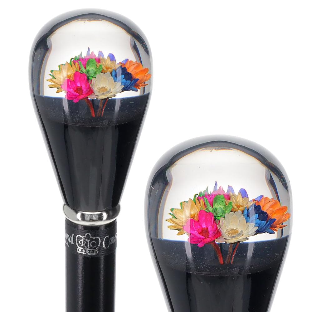 Real Dried Flower Clear Lucite Knob Handle Walking Cane with Black Beechwood Shaft - Silver Collar | Elegant Fashionable Mobility Aid for Seniors & Vintage Style Accessory for Weddings, Costumes & Photo Shoots