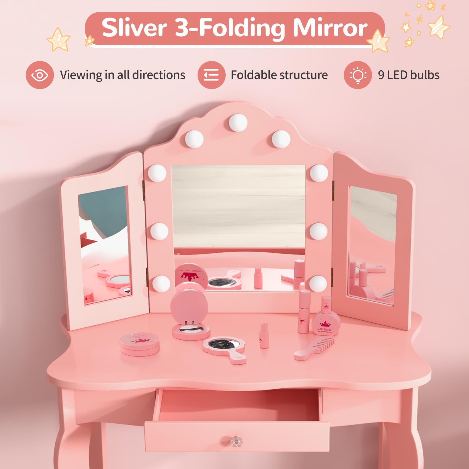 AKUSTIK Kids Vanity with LED Lights - 2-in-1 Wooden Dressing Table & Chair Set with Tri-Fold Mirror, Stool & Storage Drawer - Princess Pretend Play Beauty Kit - Perfect Gift for Toddler Girls (Ideal for Bedroom Play, Birthday Presents & Role-Playing Activities)