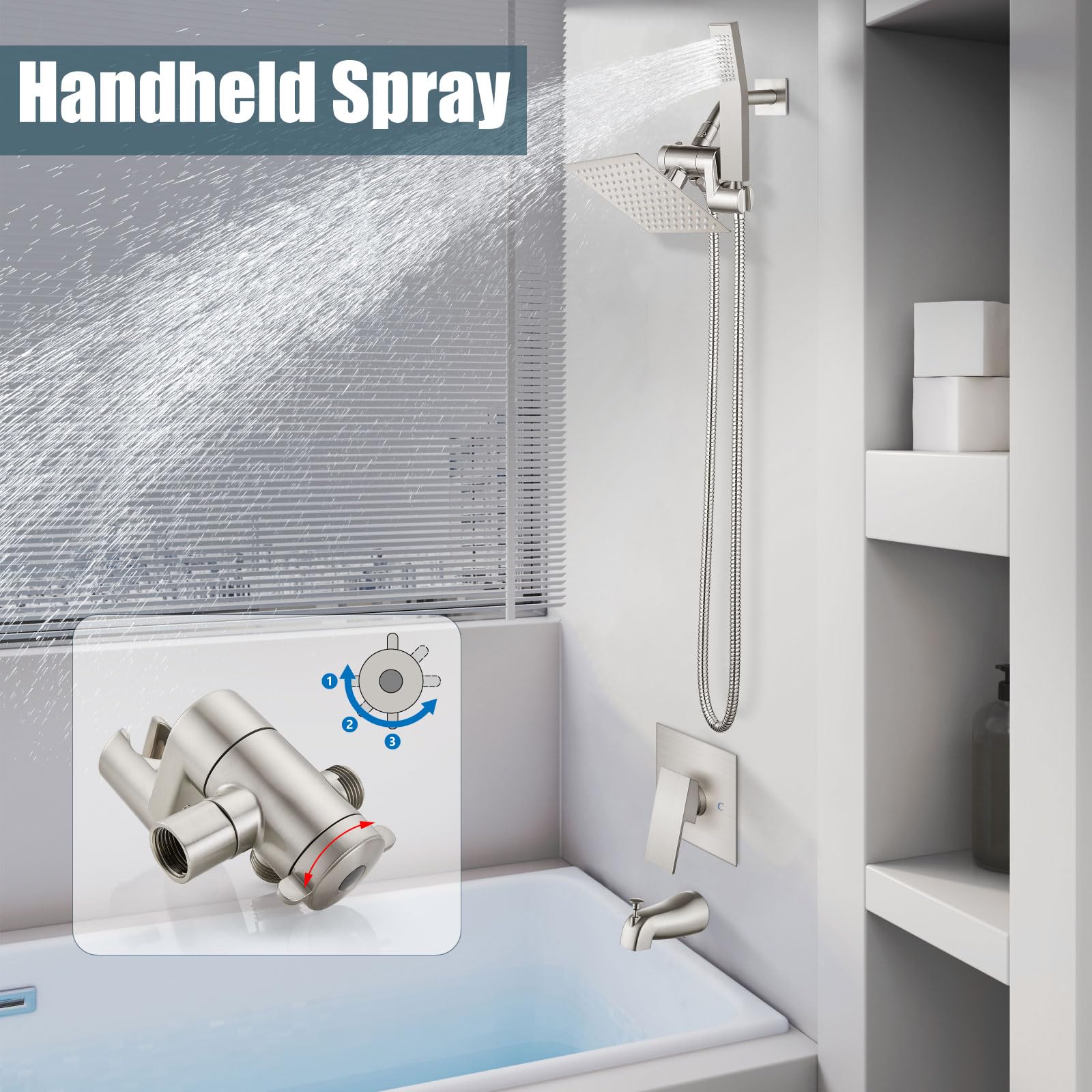 Aolemi 6 Inch Shower Tub Faucet Set with Handheld Spray & Rainfall Shower Head - Brushed Nickel Finish - Complete Shower Trim Kit with Rough-in Valve - Perfect for Bathroom Renovation & Spa-Like Shower Experience