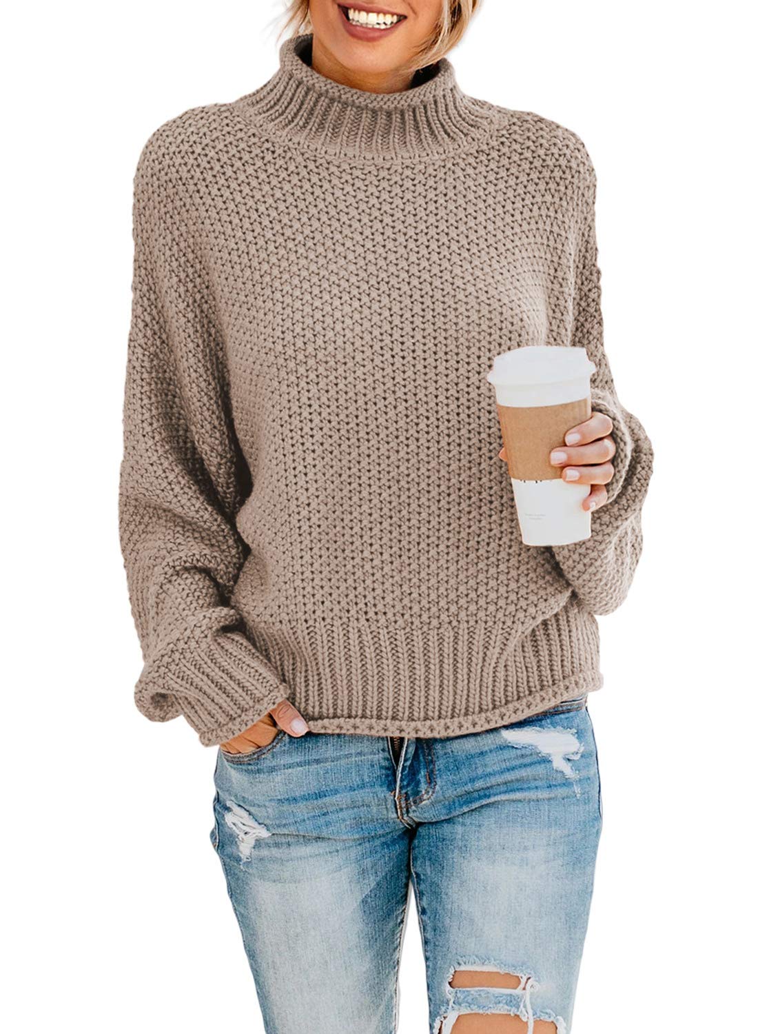 Dokotoo Women's 2024 Winter Fall Solid Color Turtleneck High Neck Balloon Sleeve Long Sleeve Sweater Pullover - Cozy Casual Outerwear for Office, Dating & Holiday Outfits